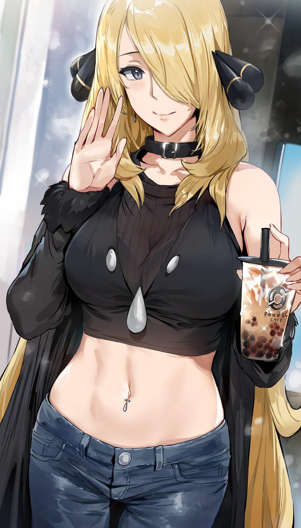 1girls abs bare_midriff bare_shoulders belly big_breasts blonde_hair blush blushing breasts casual_clothes choker cleavage cynthia_(pokemon) female female_focus female_only full_body fully_clothed game_freak hews_hack human human_focus human_only jeans large_breasts midriff navel nintendo pierced_belly_button piercing pokemon smile smiling solo solo_female solo_focus stomach tight_jeans tight_pants toned toned_belly toned_female toned_stomach wave waving wholesome