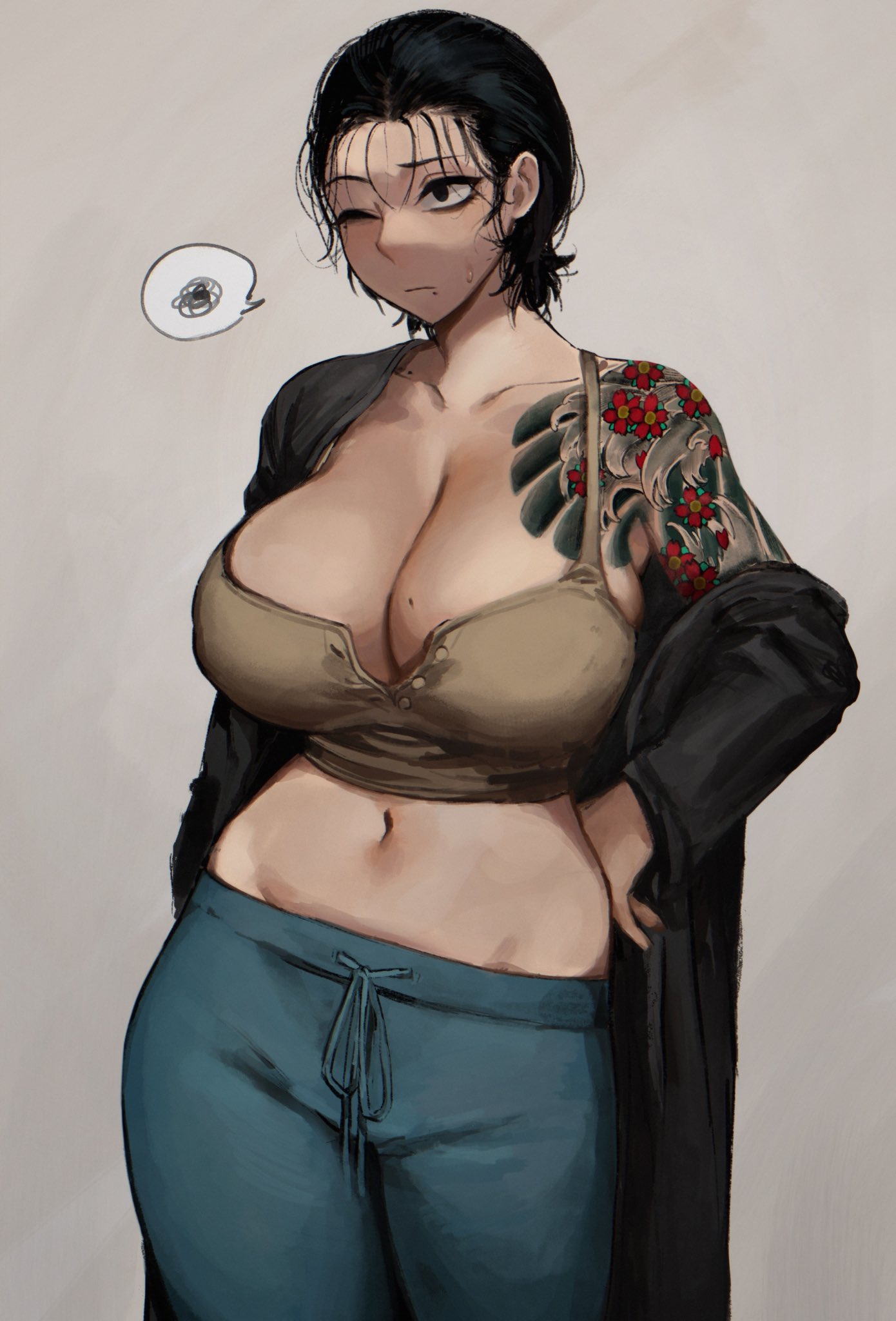 big breasts, black hair, breasts, female, fit, fully clothed, milf, tattoo