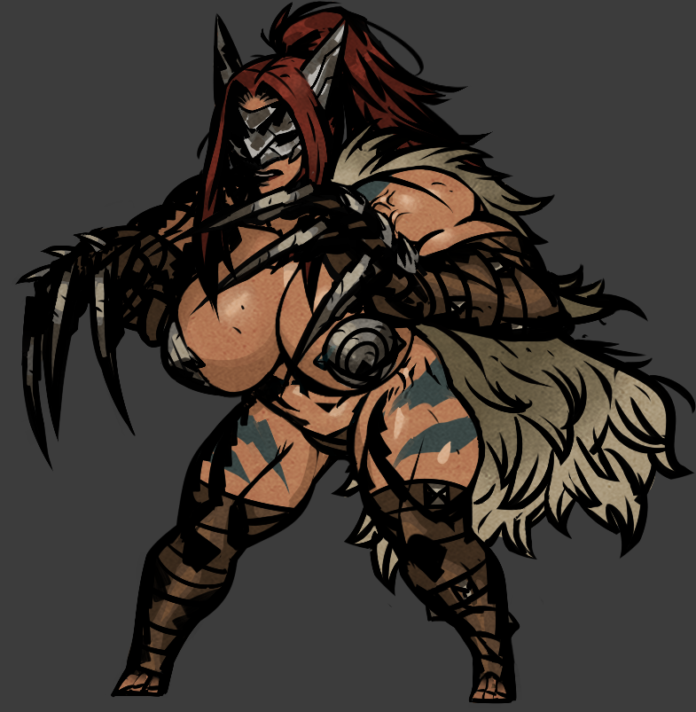 1girls abs barbarian big_breasts black_reliquary celtic claws darkest_dungeon fake_animal_ears female female_only huge_breasts muscular_female muscular_thighs red_hair s-purple thick_thighs war_paint