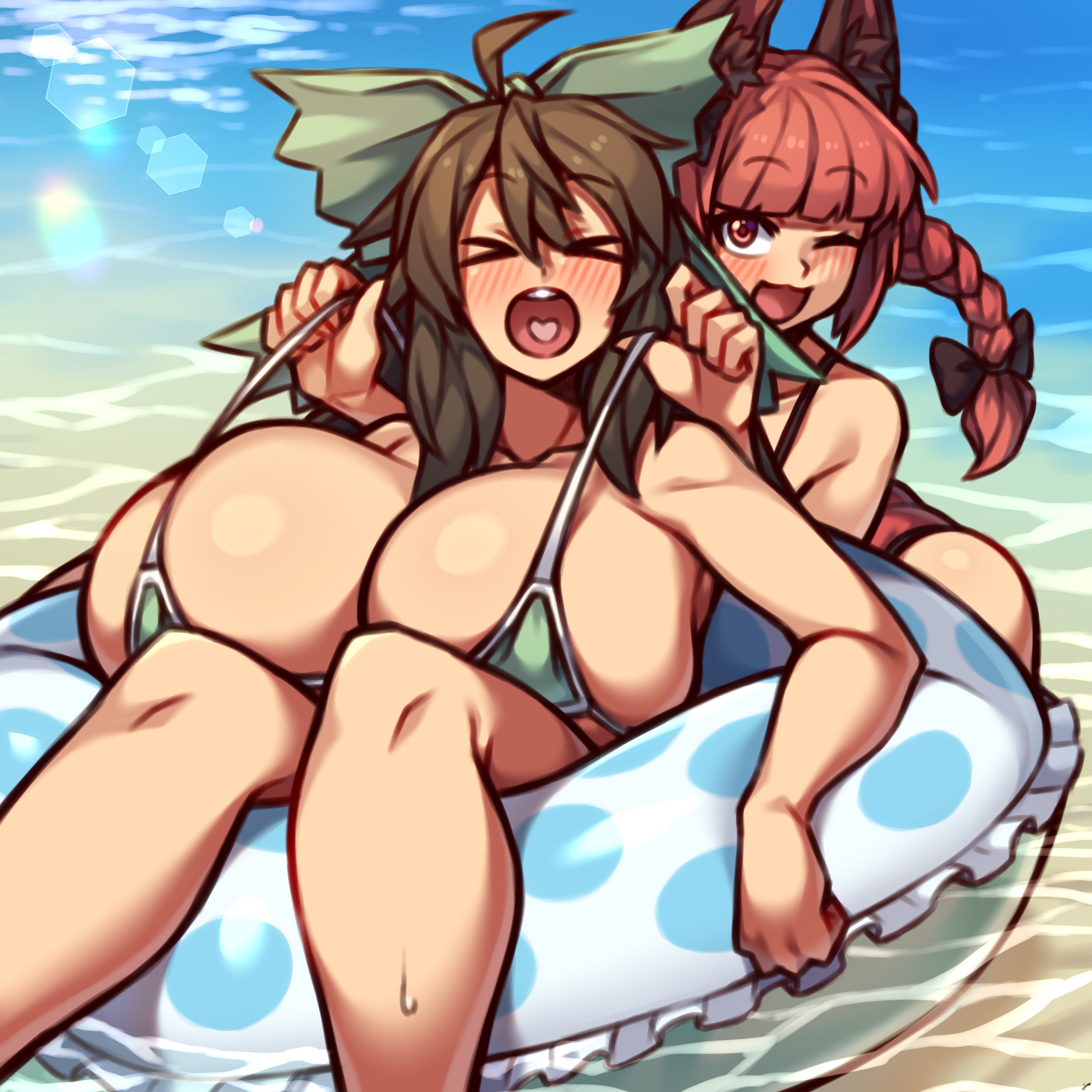 animal ears, big breasts, bikini, blush, bow, breasts, brown hair, closed eyes, coffeelove68, female, green bow, large breasts, looking at viewer, micro bikini, one eye closed, open mouth, outdoors, outside, pulling, red eyes, red hair, rin kaenbyou, touhou, utsuho reiuji, water