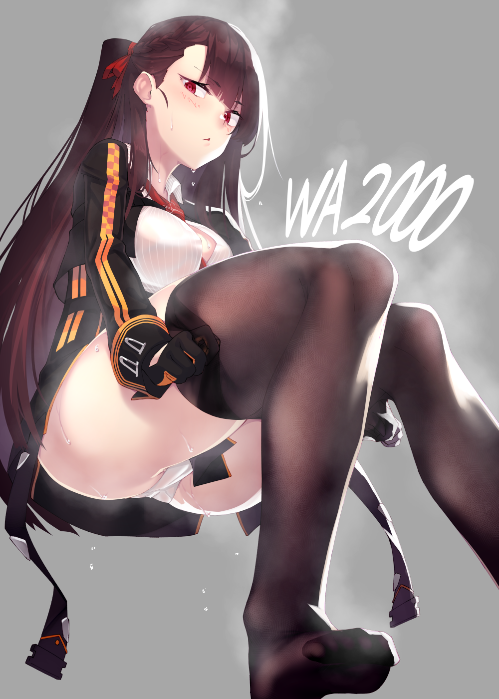 asymmetrical_bangs bangs between_breasts black_gloves black_legwear black_skirt blush breasts brown_hair character_name closed_mouth clothes_pull collared_shirt cropped_jacket dev_(dev0614) dressing eyebrows_visible_through_hair feet_out_of_frame female from_below girls'_frontline gloves grey_background high-waist_skirt highres invisible_chair jacket long_hair long_sleeves looking_at_viewer medium_breasts necktie one_side_up open_clothes open_jacket panties pantyhose pantyhose_pull purple_eyes red_necktie shirt simple_background sitting skirt solo steam steaming_body sweat thighs tsurime underbust underwear wa2000_(girls'_frontline) white_panties white_shirt