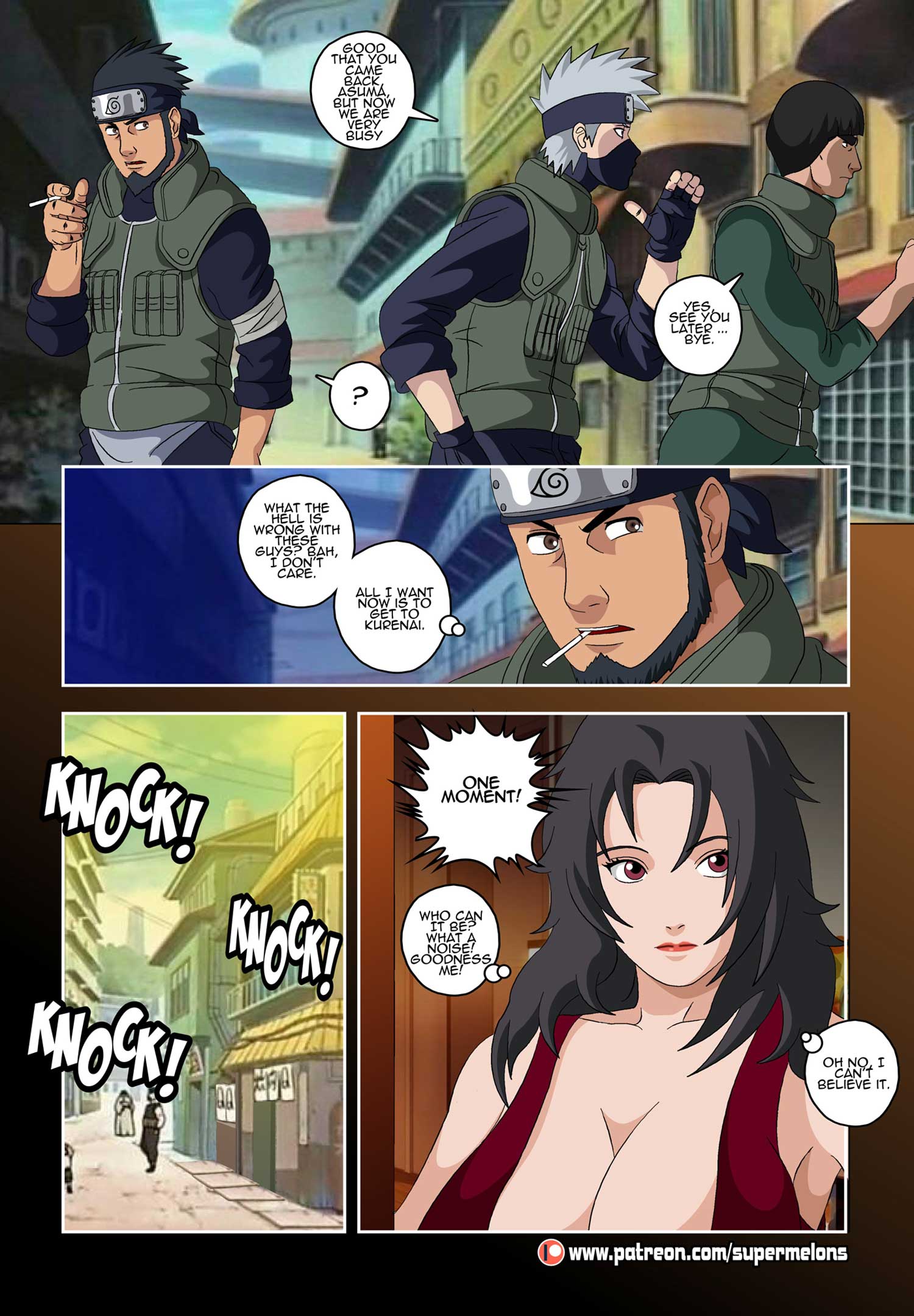 1girls black_hair comic dialogue dirty_talk female hatake_kakashi imminent_sex kurenai_yuhi maito_gai might_guy naruto naruto_(series) naruto_shippuden page_2 pale-skinned_female purple_eyeshadow red_eyes red_lipstick romantic romantic_couple sarutobi_asuma story super_melons text yuuhi_kurenai