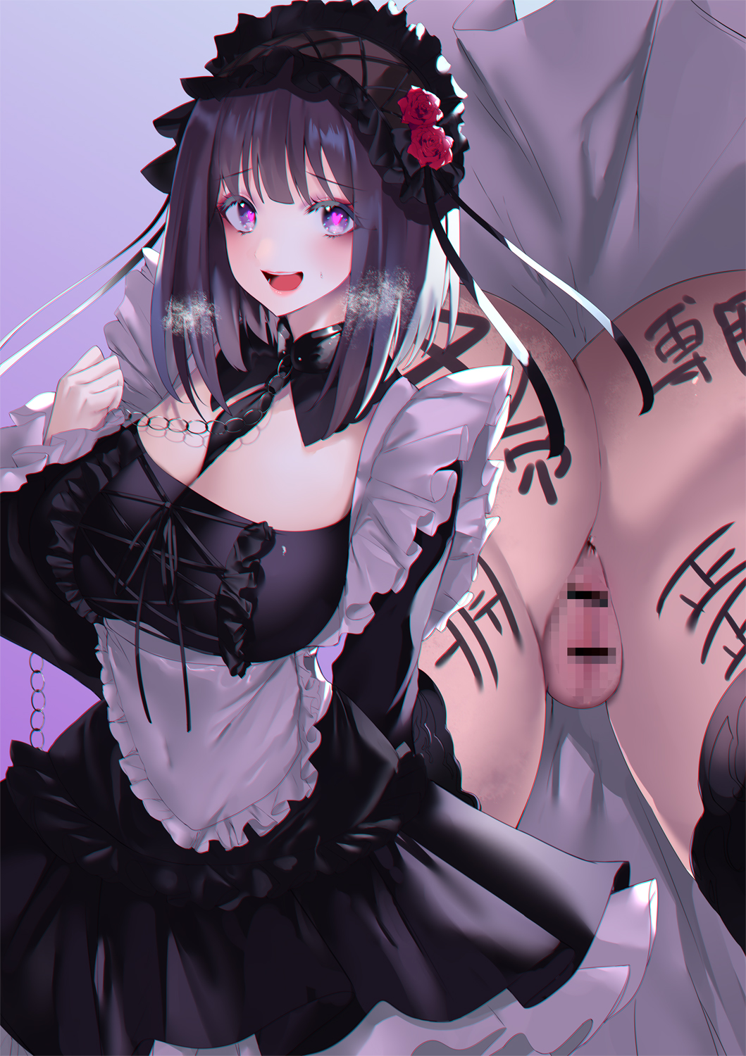 :d between_breasts black_legwear blush body_writing breasts censored chains cosplay dress eyeliner female frills garter_straps hairband heart heart-shaped_pupils heavy_breathing highres kitagawa_marin kuroe_shizuku_(cosplay) lolita_hairband looking_at_viewer makeup medium_hair mosaic_censoring multiple_views necktie necktie_between_breasts no_panties noto_kurumi purple_eyes purple_hair pussy smile sono_bisque_doll_wa_koi_wo_suru symbol-shaped_pupils tally teeth thighhighs