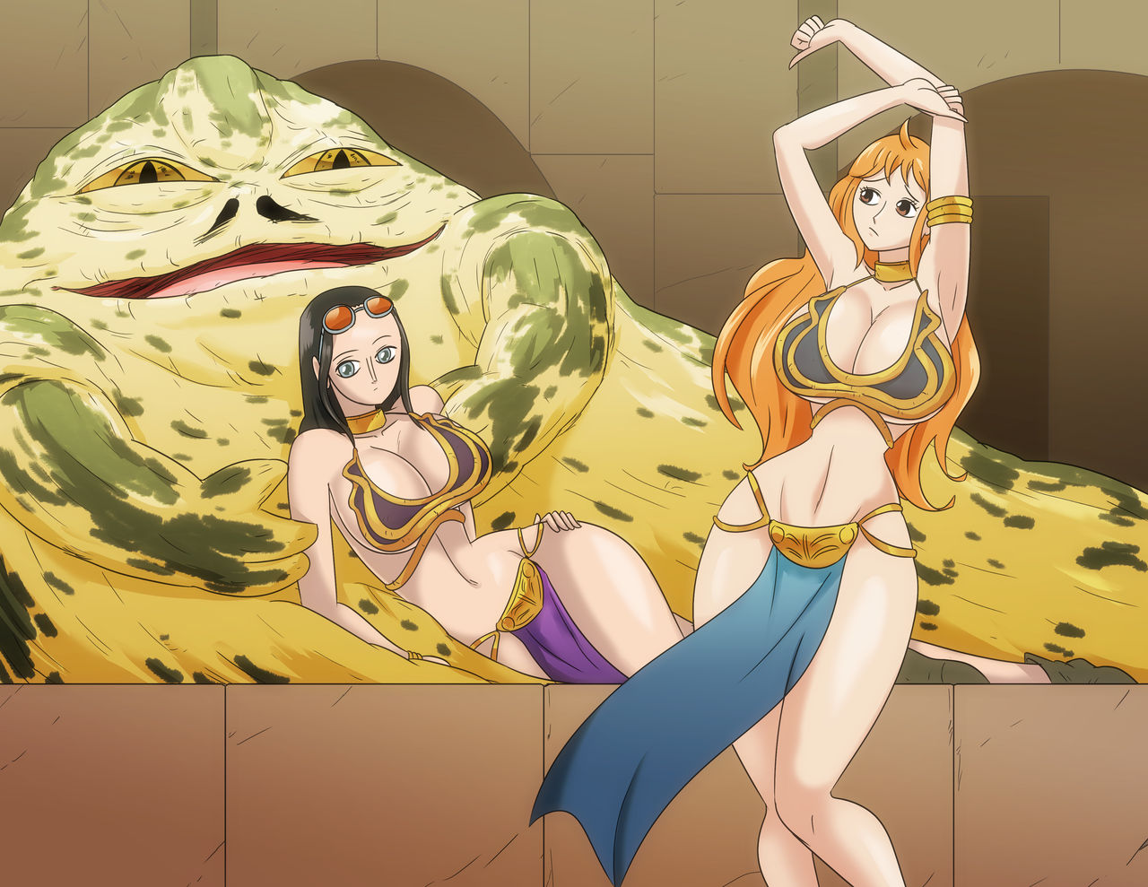 1boy, 2girls, amber eyes, armlet, black hair, blue eyes, boots, breasts, cleavage, crossover, dancer, dancer outfit, dancing, eastern and western character, female, harem, harem girl, harem outfit, hourglass figure, huge breasts, hutt, jabba the hutt, jabba's palace, loincloth, long hair, male, nami (one piece), nico robin, one piece, orange hair, orange-haired female, post-timeskip, slave, slave bikini, slave collar, slave girl, slave leia (cosplay), slave outfit, star wars, sunglasses on head, thick thighs, wadevezecha