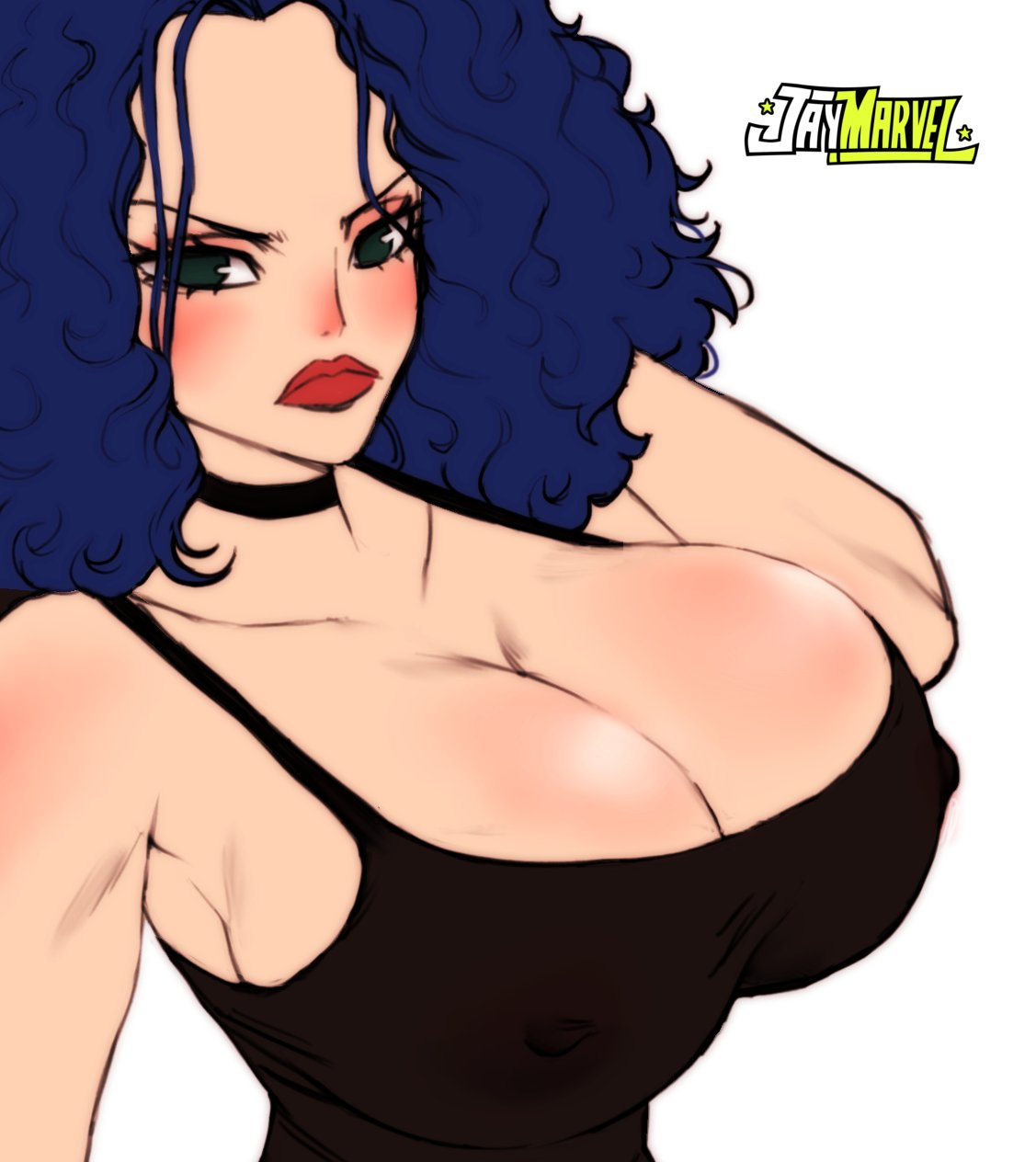 1girls afro angry arabasta_saga baroque_works big_breasts blue_hair breasts busty cleavage curly_hair female female_only huge_breasts jay-marvel lipstick looking_at_viewer miss_doublefinger nipple_bulge one_piece shounen_jump sole_female solo source_request tank_top toei_animation year_request zala_(one_piece)