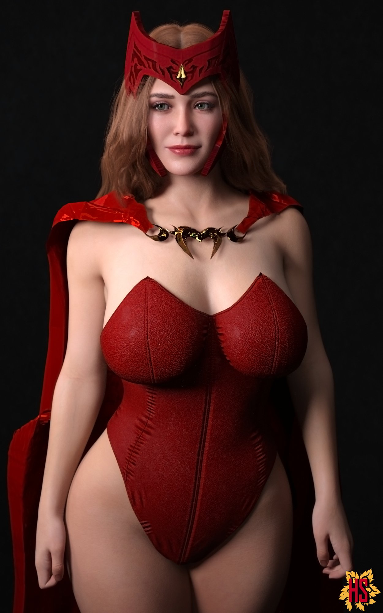 1girls, 3d, breasts, brown hair, cape, elizabeth olsen, female, female only, hagiwara studio, hi res, large breasts, long hair, marvel, marvel cinematic universe, marvel comics, scarlet witch, solo, tagme, thick thighs, thighs, wanda maximoff, wide hips