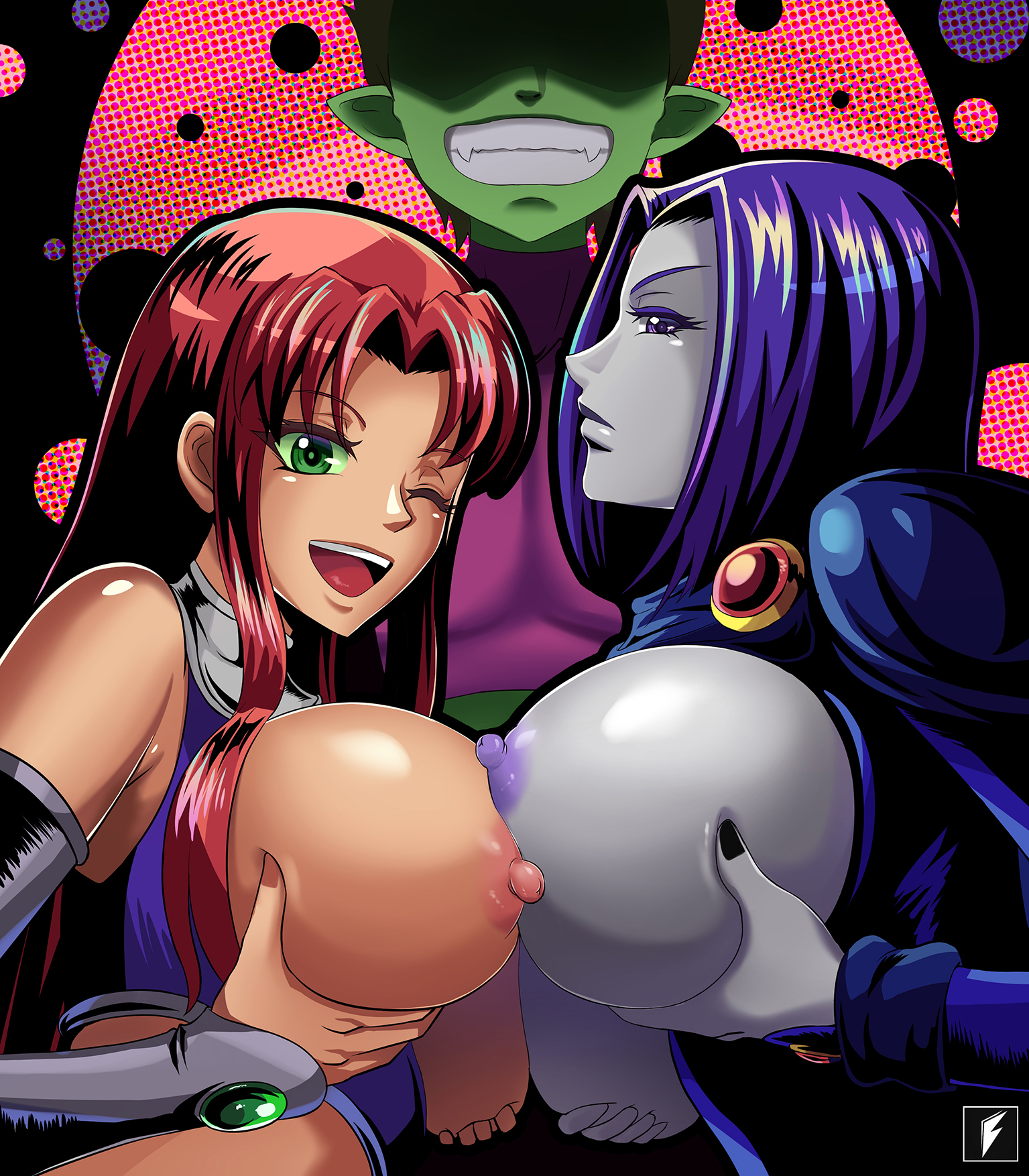 1boy, 2girls, alien, alternate breast size, beast boy, big breasts, bisexual, bisexual female, breasts, dc, dc comics, female, ffm threesome, garfield logan, high resolution, koriand'r, long hair, male, medium hair, multiple females, multiple girls, nipples, rachel roth, raven (dc), smile, starfire, straight hair, tagme, teen titans, teenager, teng zhai zi, threesome