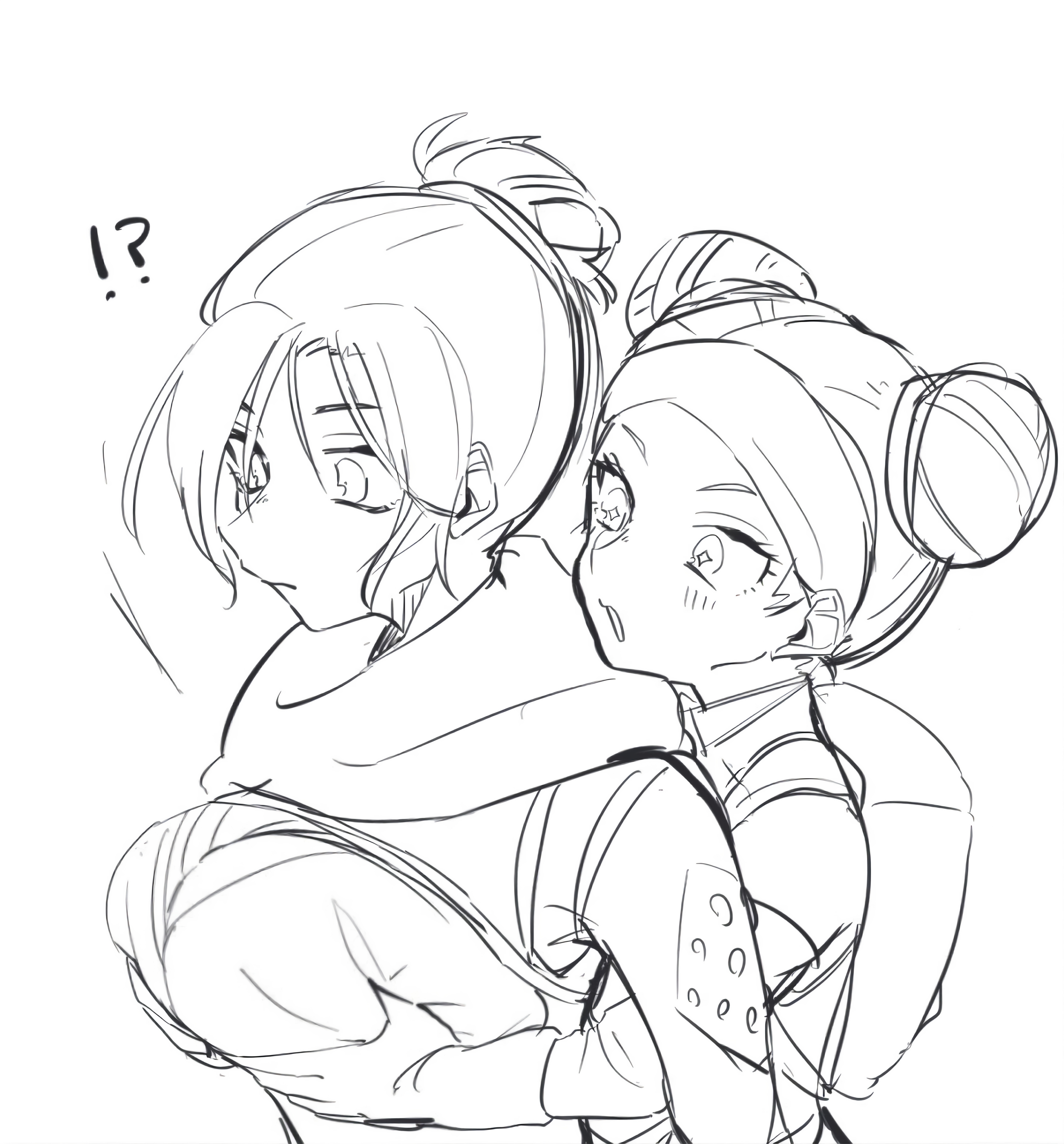 ?!, 2d, 2girls, alternate breast size, apex legends, big breasts, blush, blush lines, breast squeeze, breast squish, breasts, bursting breasts, female, huge breasts, jumpsuit, lifeline (apex legends), monochrome, outgrowing clothes, simple background, stretched clothing, thick, tight clothes, tight clothing, touching breast, wraith (apex legends), yuri