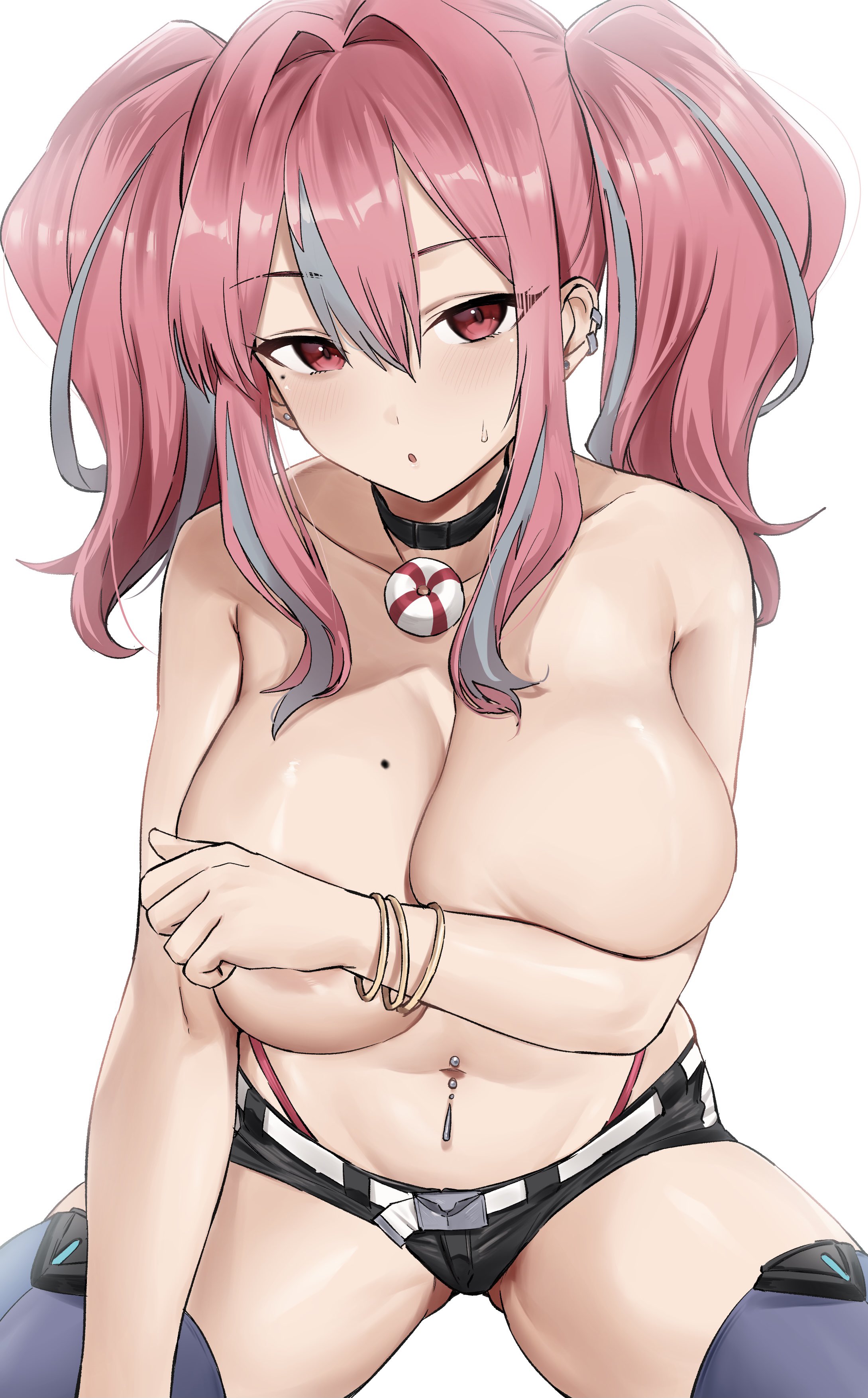 1girls, 2022, azur lane, beauty mark, belly button piercing, black shorts, blush, booty shorts, breasts, bremerton (azur lane), covering breasts, female, female only, hi res, hips, hotate-chan, huge breasts, looking at viewer, medium hair, mole on breast, mole under eye, naughty face, pink eyes, pink hair, short shorts, shorts, simple background, suggestive look, thick thighs, thighs, topless, topless female, twintails, very high resolution, wide hips