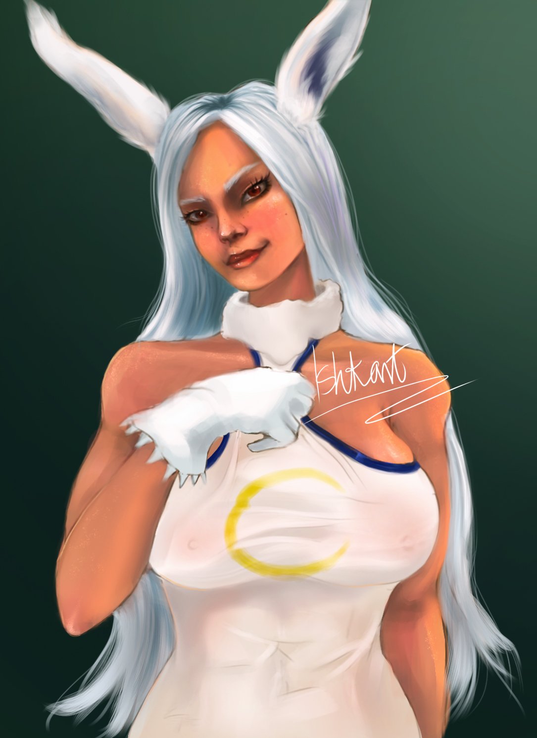 1girls animal_ears bare_shoulders breasts brown_eyes bunny_ears collar cute dark-skinned_female dark_eyes dark_skin eye_contact female female_focus female_only fully_clothed ishkart large_breasts long_hair looking_at_viewer miruko muscular muscular_female my_hero_academia nipples_visible_through_clothing pinup rabbit rabbit_ears rumi_usagiyama seductive seductive_smile see_through smile solo tight_clothing toned visible_nipples white_hair