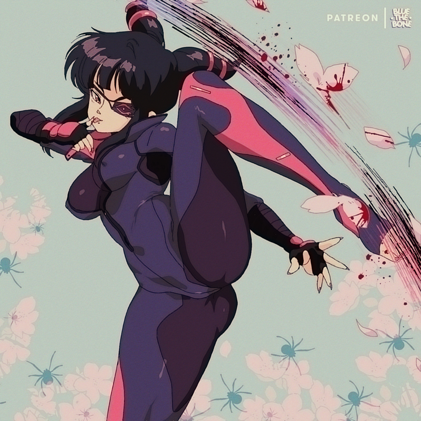 1girls, ass, big breasts, bluethebone, bodysuit, breasts, clothed female, eyepatch, female, female focus, female only, juri han, leg up, nipple bulge, retro artstyle, solo, street fighter, tight clothing