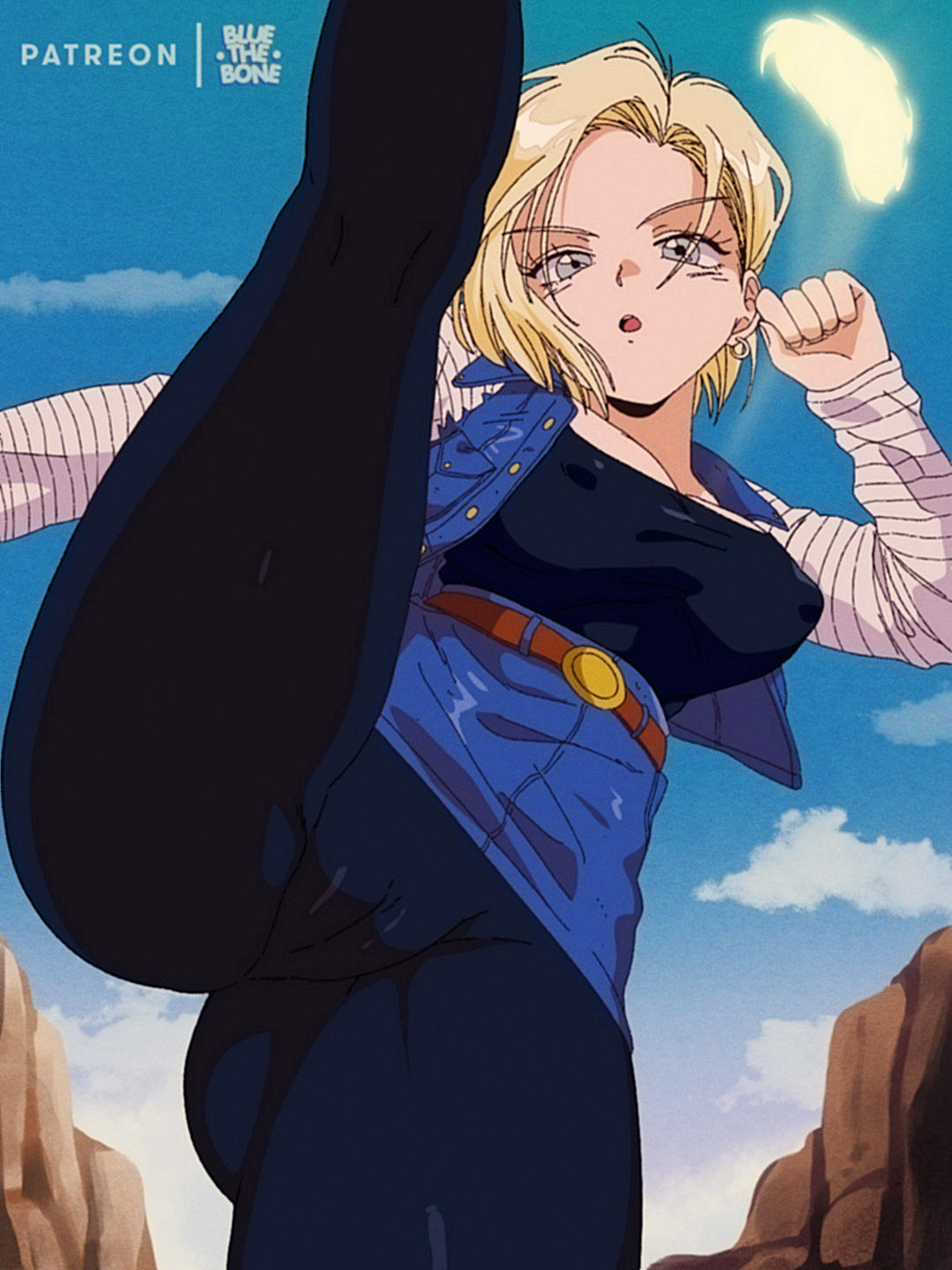1girls, android 18, ass, big breasts, blonde hair, bluethebone, breasts, cameltoe, cleavage, clothed, clothed female, dragon ball, dragon ball z, earrings, female, female focus, female only, large breasts, leg up, medium hair, nipple bulge, nipples visible through clothing, pussy, retro artstyle, shounen jump, solo, tight clothing