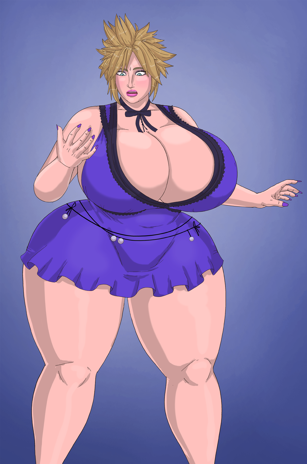 1girls blonde_hair cloud_strife cloudette_strife curvy_figure female female_only final_fantasy final_fantasy_vii gender_transformation huge_breasts hyper_bimbo looking_at_self milf purple_dress rule_63 saturnxart shocked_expression solo venus_body