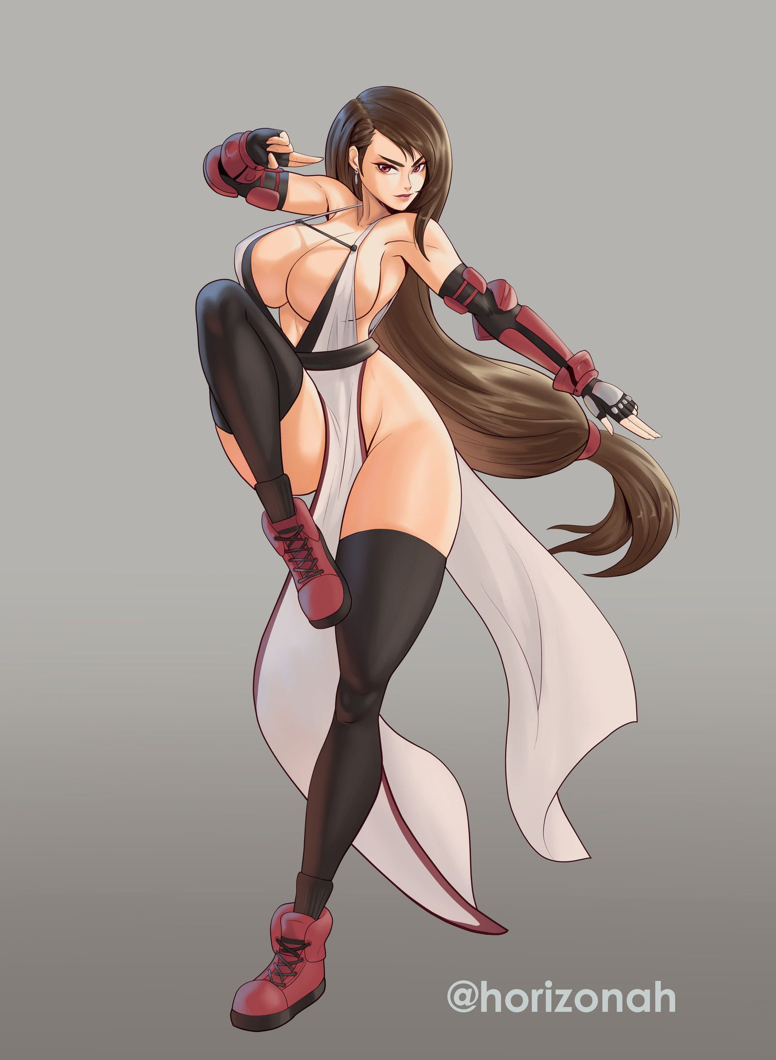 1girls, boots, breasts, brown eyes, brown hair, chun-li (cosplay), cleavage, crossover cosplay, fair skin, fair-skinned female, female, female focus, female only, fighting stance, final fantasy, final fantasy vii, gauntlets, horizonah221, huge breasts, light skin, light-skinned female, long hair, revealing clothes, solo, solo female, solo focus, standing on one leg, street fighter, tifa lockhart