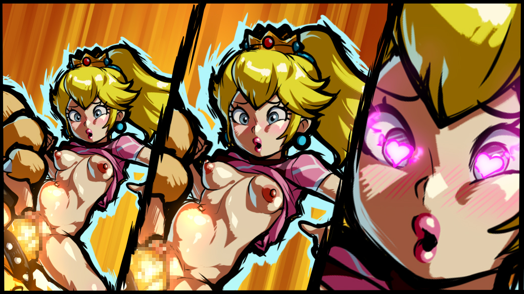 blush bowser clothes_lift cock_ring crown cutout female football football_uniform glowing glowing_eyes heart heart-shaped_pupils interspecies jcm2 mario_(series) mario_strikers mini_crown multiple_images nintendo nipples o3o ponytail princess_peach pussy sex shirt_lift solo_focus stomach_bulge straight symbol-shaped_pupils vaginal_penetration