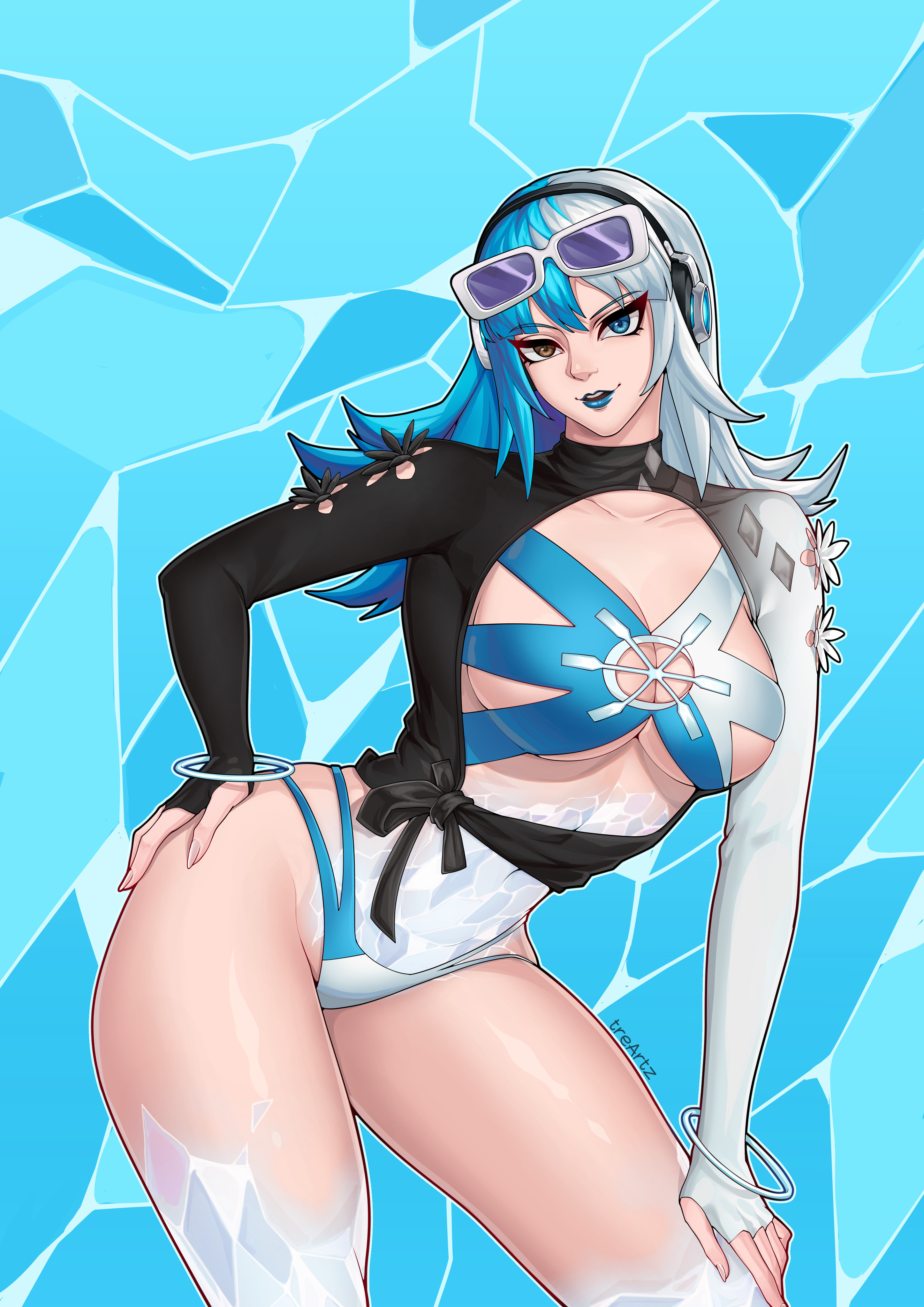 1girls, 2d, 2d (artwork), artist name, big breasts, blue hair, blue lipstick, breasts, busty, cleavage, cryokinesis, curvy, female, heterochromia, human, ice, leaning forward, light skin, light-skinned female, lipstick, luna snow, luna snow (cool summer), luna snow (marvel rivals), marvel, marvel comics, marvel rivals, pale skin, pale-skinned female, posing, posing for the viewer, questionable, small waist, smile, smiling at viewer, standing, sunglasses on head, superpowers, swimsuit, thick thighs, thotlerrr, treartz, white hair