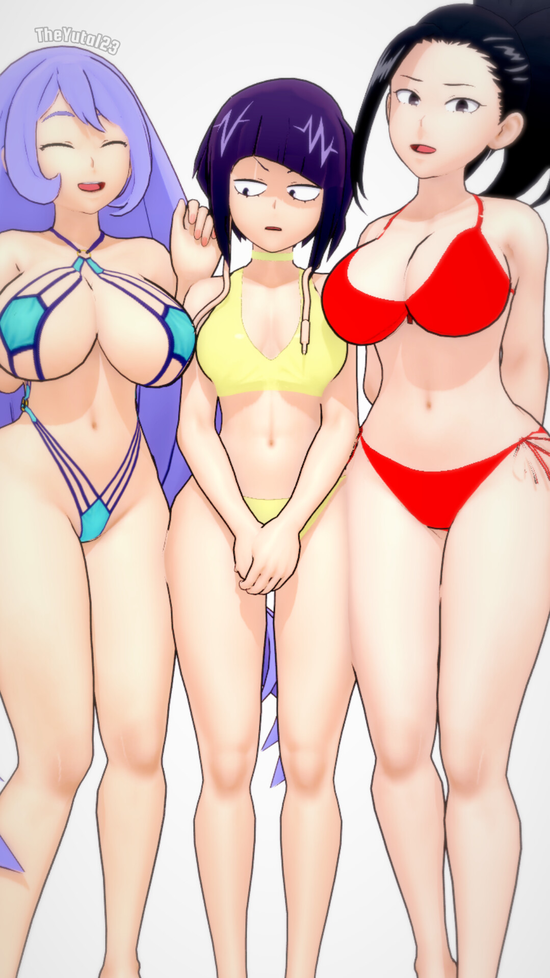 3d, 3girls, big breasts, bikini, black hair, black-haired female, blue hair, blue-haired female, boku no hero academia, breasts, female, happy, koikatsu, kyoka jiro, momo yaoyorozu, multiple females, multiple girls, my hero academia, nejire hado, pose, purple hair, purple-haired female, theyuta123