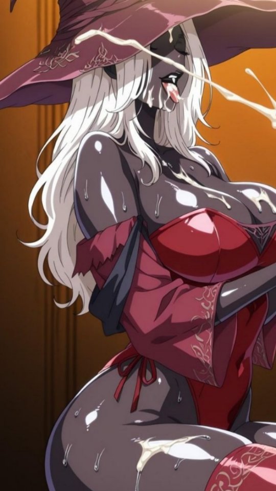 artist request, breasts, cum, cum on breasts, cumshot, dark skin, edit, edited, elden ring, eldenring, female, fromsoftware, kuroinu ~kedakaki seijo wa hakudaku ni somaru~, large breasts, leggings, recluse (nightreign), tagme, thick thighs, tongue out, white hair