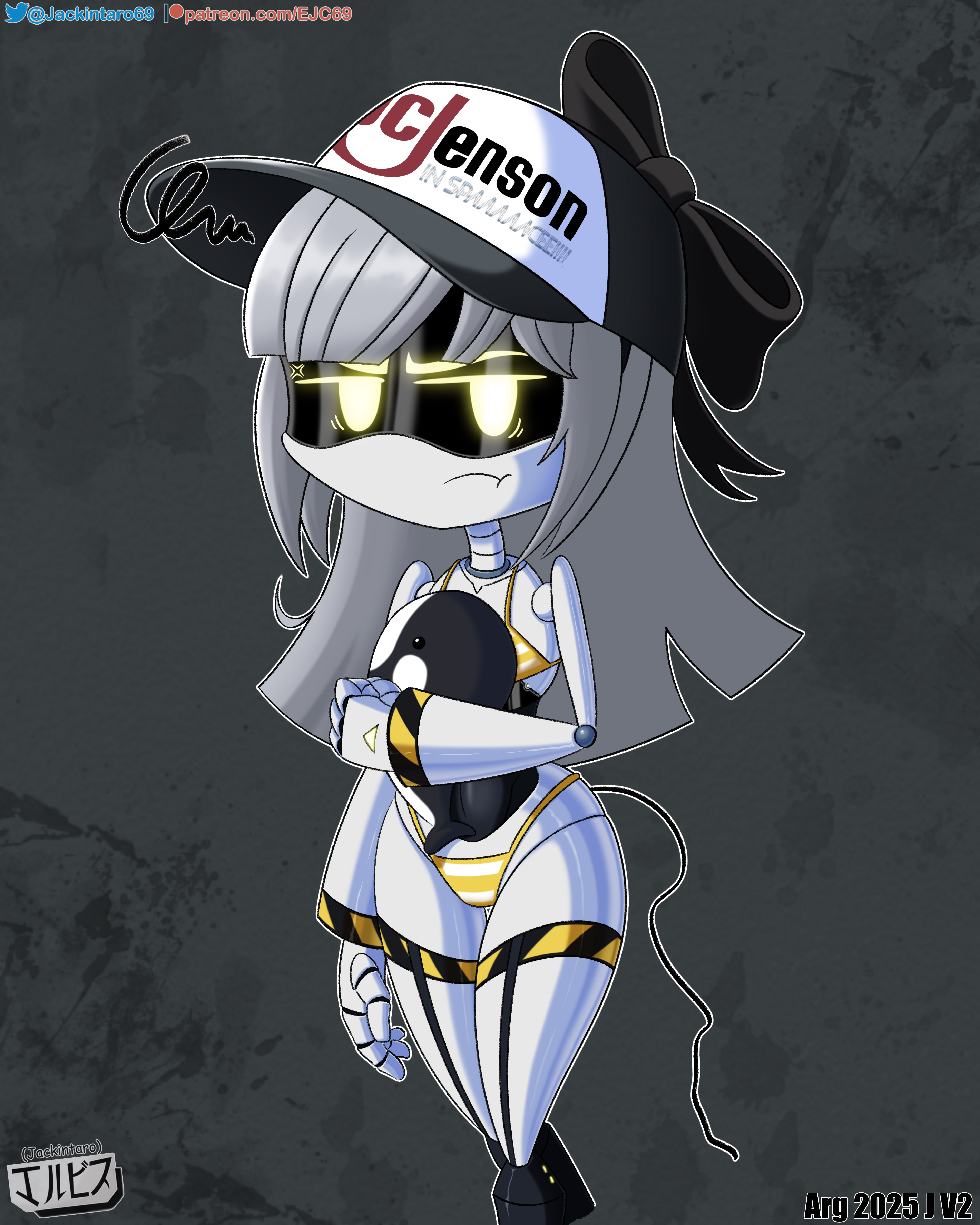 bikini, cap, digital media (artwork), disassembly drone, fanart, female, female only, glitch productions, grey hair, j (murder drones), jackintaro, looking at viewer, murder drones, ribbon, robot, robot girl, simple background, yellow eyes