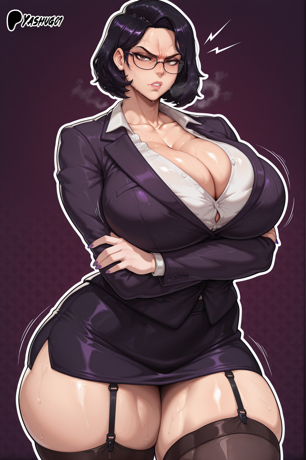 ai generated, angry expression, bare thighs, black hair, blush, breasts, brown eyes, female, garter belt, gigantic breasts, glasses, huge breasts, huge thighs, light skin, light-skinned female, looking at viewer, massive breasts, mature female, milf, oiled body, oiled skin, original, short hair, solo female, suit, sweat, sweatdrop, teacher, thick body, thick female, thick thighs, thighs, voluptuous, voluptuous female, yashugai