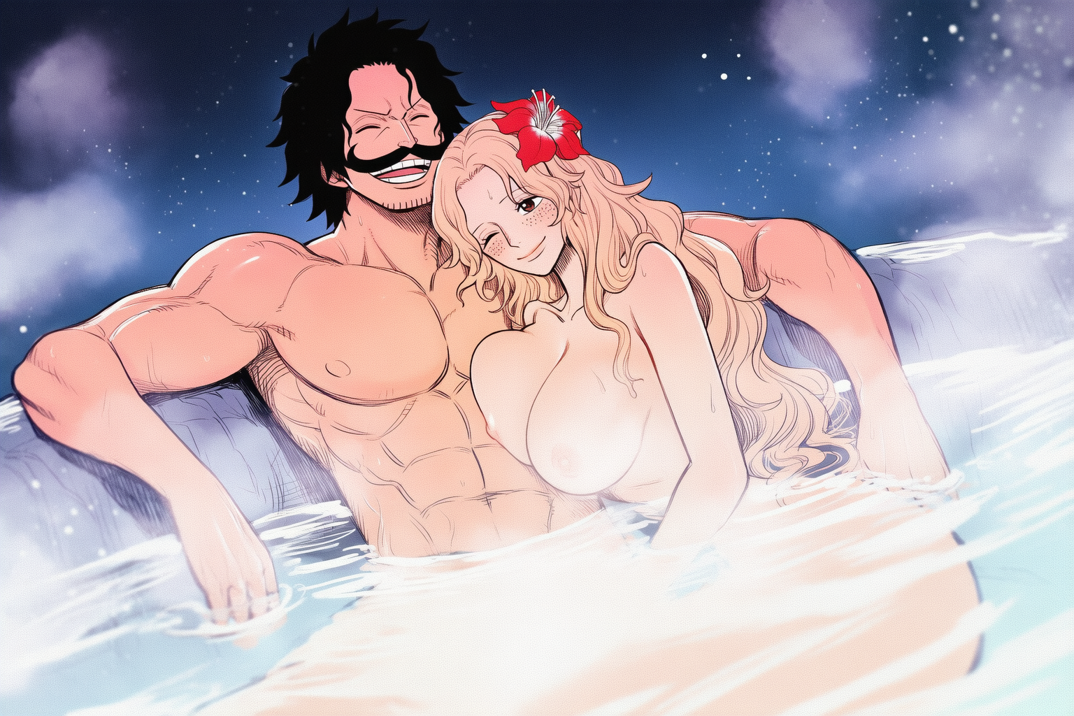 1boy, 1girls, abs, ai generated, bathing, bathing together, big breasts, black hair, black-haired male, blonde hair, blonde-haired female, breasts, canon couple, female, gol d roger, hotsprings, male, mixed bathing, mrtanochiotoko, naked, nude, one piece, onsen, portgas d rouge, size difference, water, wholesome
