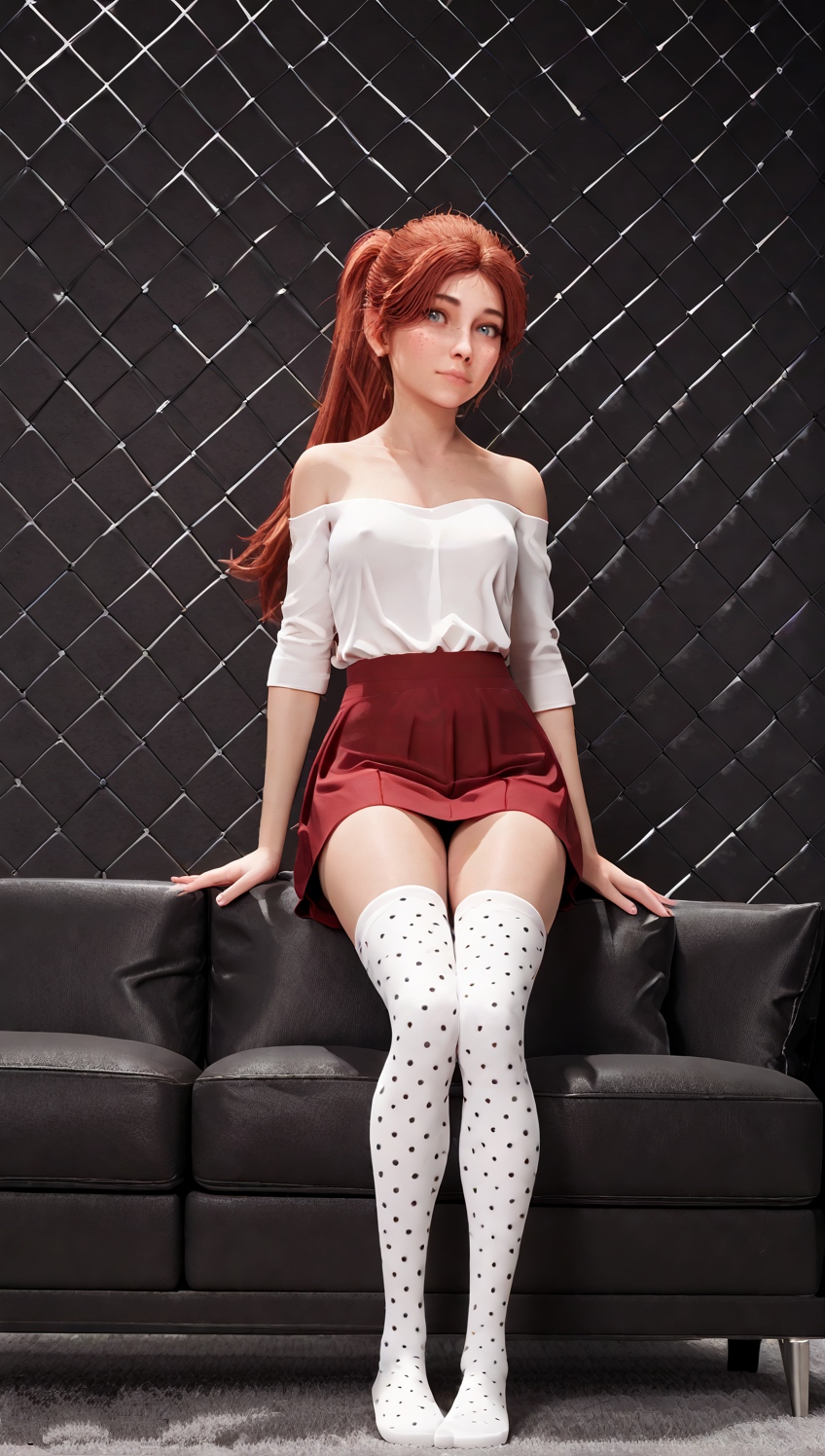 1girls, 3d, ai assisted, ai generated, bare shoulders, blue eyes, breasts, clair obscur: expedition 33, closed mouth, clothing, collarbone, covered erect nipples, covered nipples, feet, female, freckles, freckles on face, fully clothed, fully clothed female, ginger, ginger hair, indoors, legwear, light skin, light-skinned female, long hair, maelle (clair obscur: expedition 33), nipple outline, nipples, no bra, on sofa, pattern clothing, pattern legwear, polka dot, polka dot legwear, ponytail, realistic, red hair, red skirt, shirt, short skirt, short sleeves, shoulders, skirt, sofa, solo, solo female, straykato, teenage girl, teenager, thighhighs, thighs, white shirt
