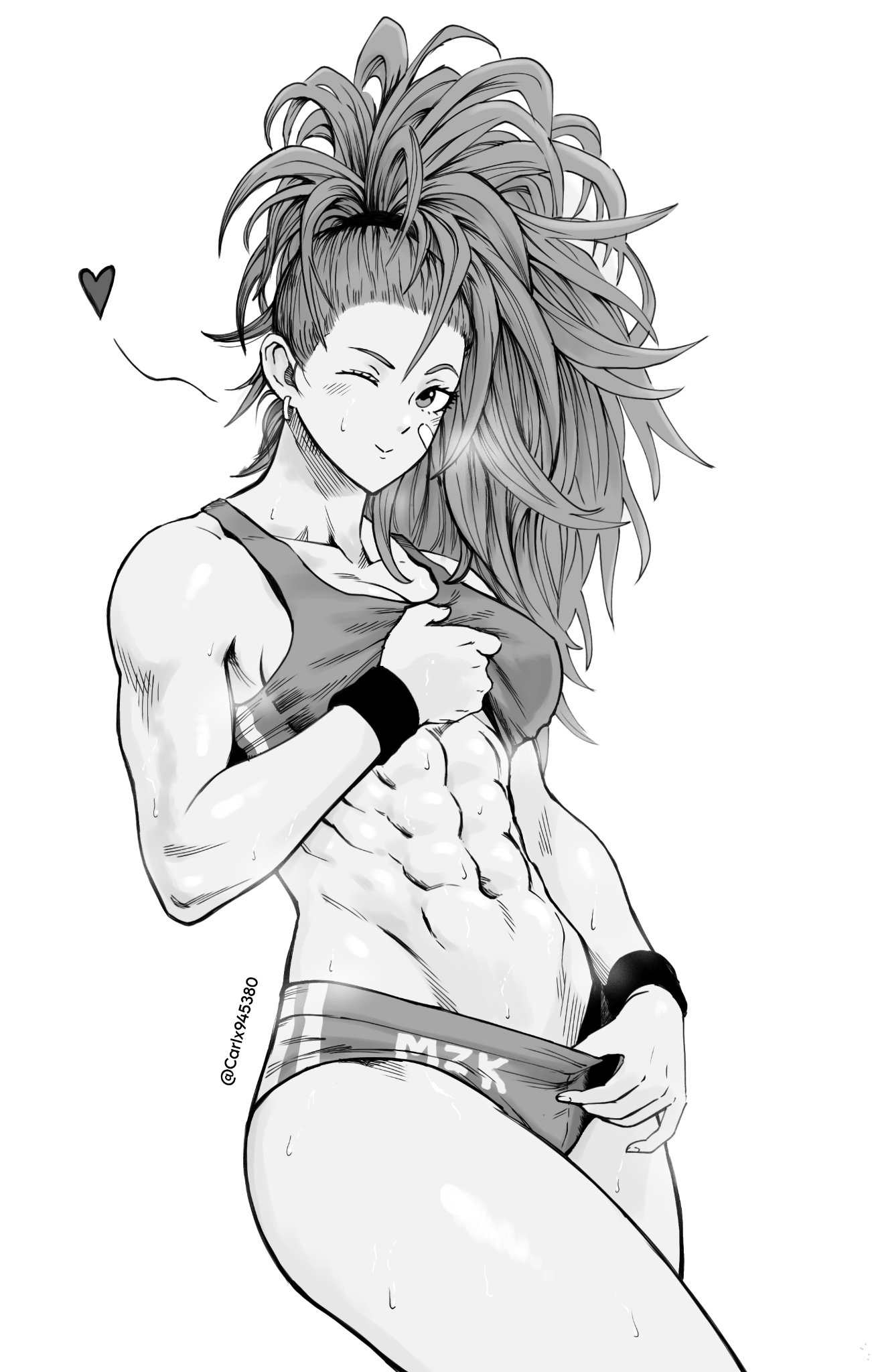 1girls, abs, artist name, captain mizuki, carlx945380, female, greyscale, hi res, long hair, looking at viewer, monochrome, navel, one eye closed, one-punch man, ponytail, simple background, sweat, white background