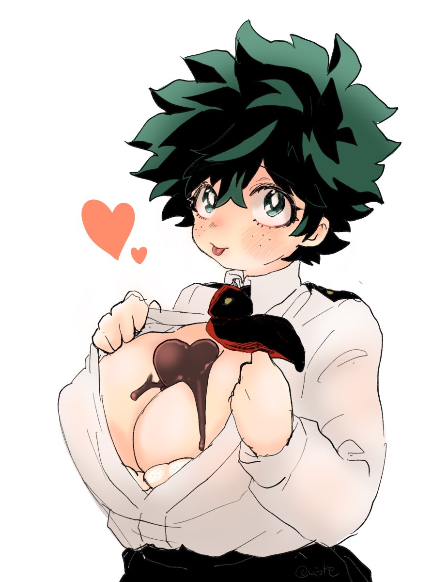 1girls big_breasts big_eyes blush chocolate chocolate_on_breasts cleavage female female_deku freckles green_eyes green_hair heart heart_shape izuku_midoriya large_breasts melting mrtm0102 my_hero_academia open_shirt ripped_clothing rule_63 school_uniform short_hair solo tongue_out u.a._school_uniform valentine's_day