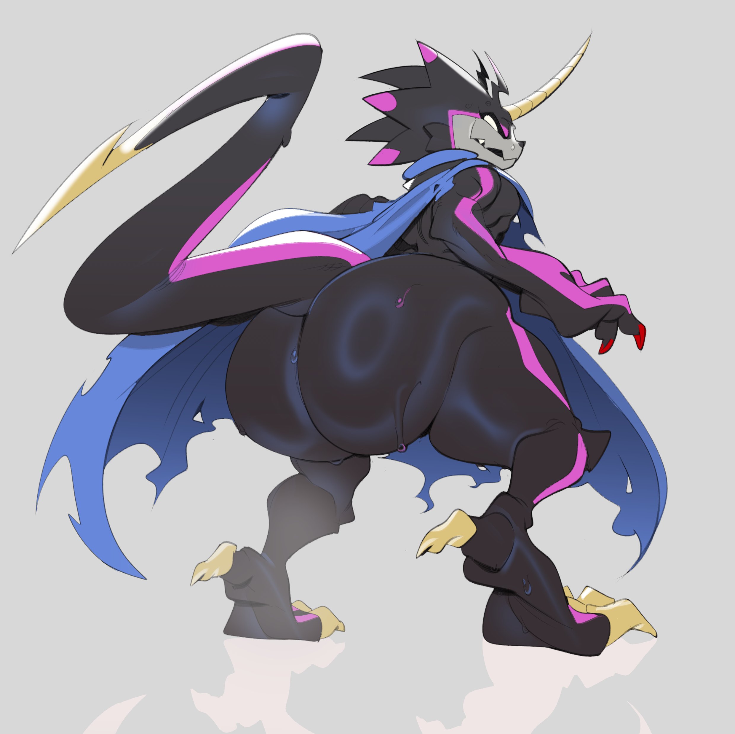 absurd res, anthro, ass, bandai namco, belt, big ass, big butt, black body, black sclera, bodily fluids, bubble ass, bubble butt, cape, claws, digimon, digimon (species), digimon ghost game, femboy, gay, gay anal, gay male, gay sex, glowing eyes, gulusgammamon, hi res, homosexual, homosexual male, homosexual sex, horn, male, male only, male penetrated, male/male, nude, scalie, simple background, solo, stinger tail, submarine screw, sweat, tail, thick thighs, toe claws, wide hips