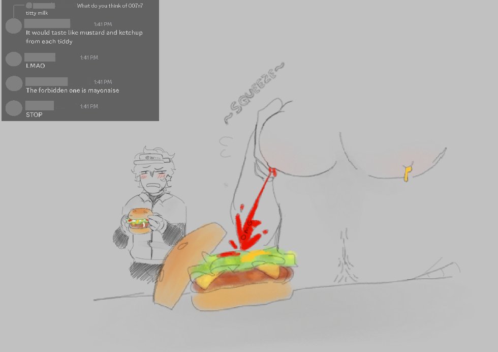 007n7, 007n7 (forsaken), 2boys, an0nymouspectre, blush, burger, duo, elliot (forsaken), elliot (work at a pizza place), food, forsaken (roblox), grossed out, hat, headwear, holding burger, holding food, holding object, ketchup, male, milking, milking self, mustard, roblox, roblox game, robloxian, tagme, what