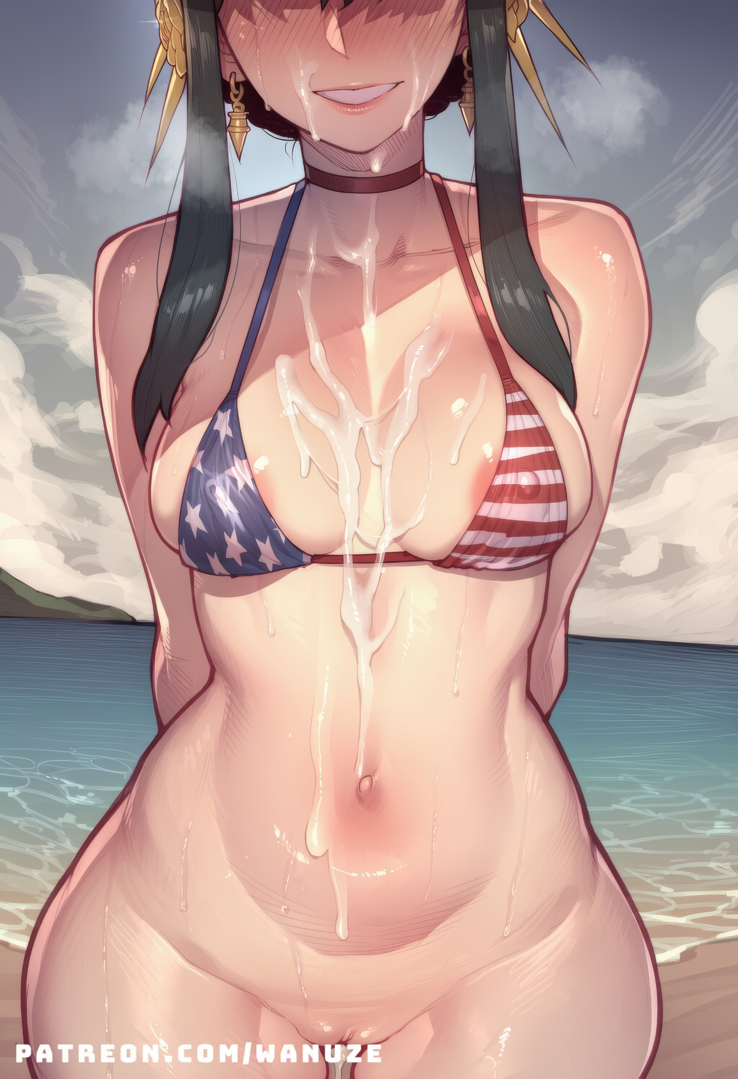 after sex, after vaginal, ai generated, american flag bikini, beach, big ass, big breasts, big butt, big thighs, bikini, black hair, blush, breasts, cum, cum in mouth, cum inside, cum on body, cum on breasts, cum on face, female, female only, hairband, huge ass, huge butt, huge thighs, medium breasts, ocean, pussy, red eyes, solo, solo female, spy x family, wanuze, wide hips, yor briar, yor forger