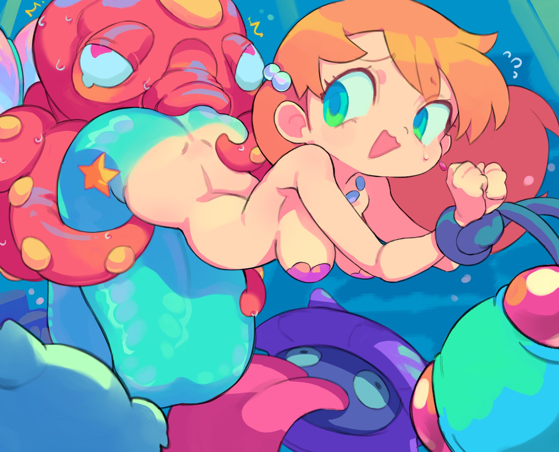 1girls, 4kids entertainment, big breasts, bikini, bound, bound arms, commentary, commission, commissioner upload, dewgong, female, gen 1 pokemon, gen 2 pokemon, heart, heart-shaped pupils, highres, jewelry, kasumi (pokemon), long hair, looking back, merfolk, mermaid, mermaid costume, mermaid misty (pokemon), monster girl, monsterification, necklace, nintendo, octillery, open mouth, pokemon, pokemon (anime), pokemon (classic anime), red hair, shell, shell bikini, shellder, star (symbol), starmilk, sweat, swimsuit, symbol-shaped pupils, tentacle, tentacool, tongue, tongue out, underwater