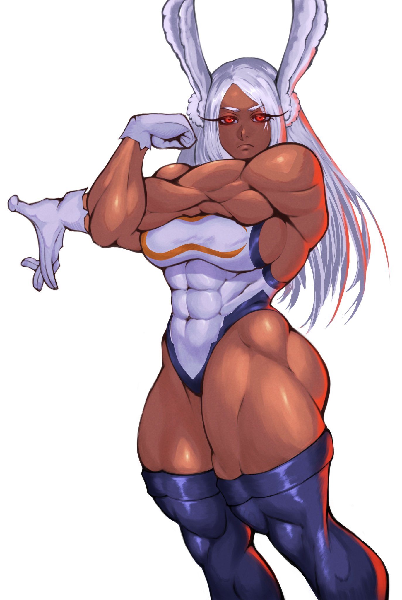 1girls, abs, absurdres, animal ears, ass, athletic female, boku no hero academia, dark-skinned female, drugalek, female, female only, fit female, gloves, glowing, glowing eyes, highres, kemonomimi, large breasts, leotard, milka01477, mirko, miruko, muscular, muscular female, my hero academia, rabbit ears, red eyes, rumi usagiyama, stretching, superheroine, thick thighs, thighhighs, wide hips