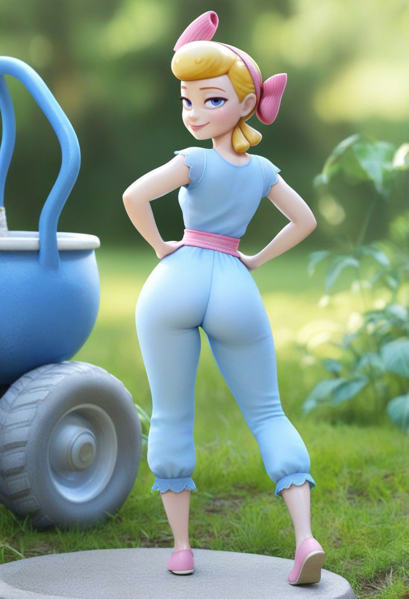 3d, accurate art style, ai generated, ass, bedroom eyes, bo peep, clothed, disney, female, from behind, looking at viewer, looking back, pixar, rear view, seductive, solo, toy story, toy story 4