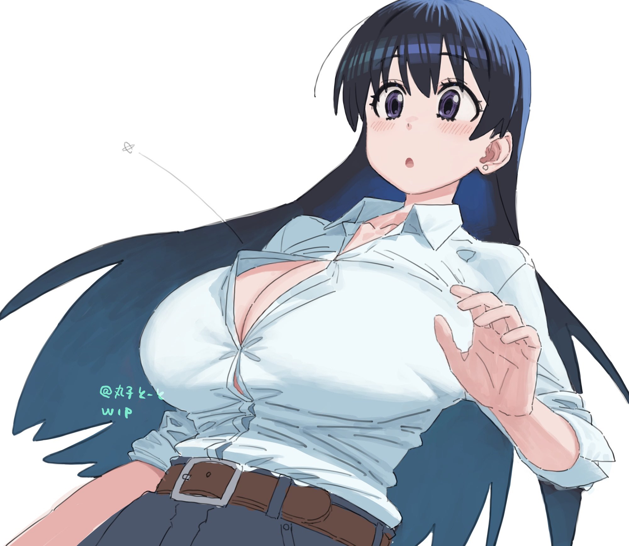 1girls, accidental exposure, arato nagi, barely contained, barely contained breasts, barely fits, black hair, blue eyes, breasts, button down shirt, button gap, button pop, cleavage, clothed female, cowboy shot, female, hi res, highres, inconvenient boobs, inconvenient breasts, large breasts, long hair, looking at own breasts, looking down at breasts, looking down at self, maruko tooto, popped button, ruri no houseki, solo, solo female, tight fit, too tight, undersized clothes, undersized clothing, waist up, wardrobe malfunction, white shirt