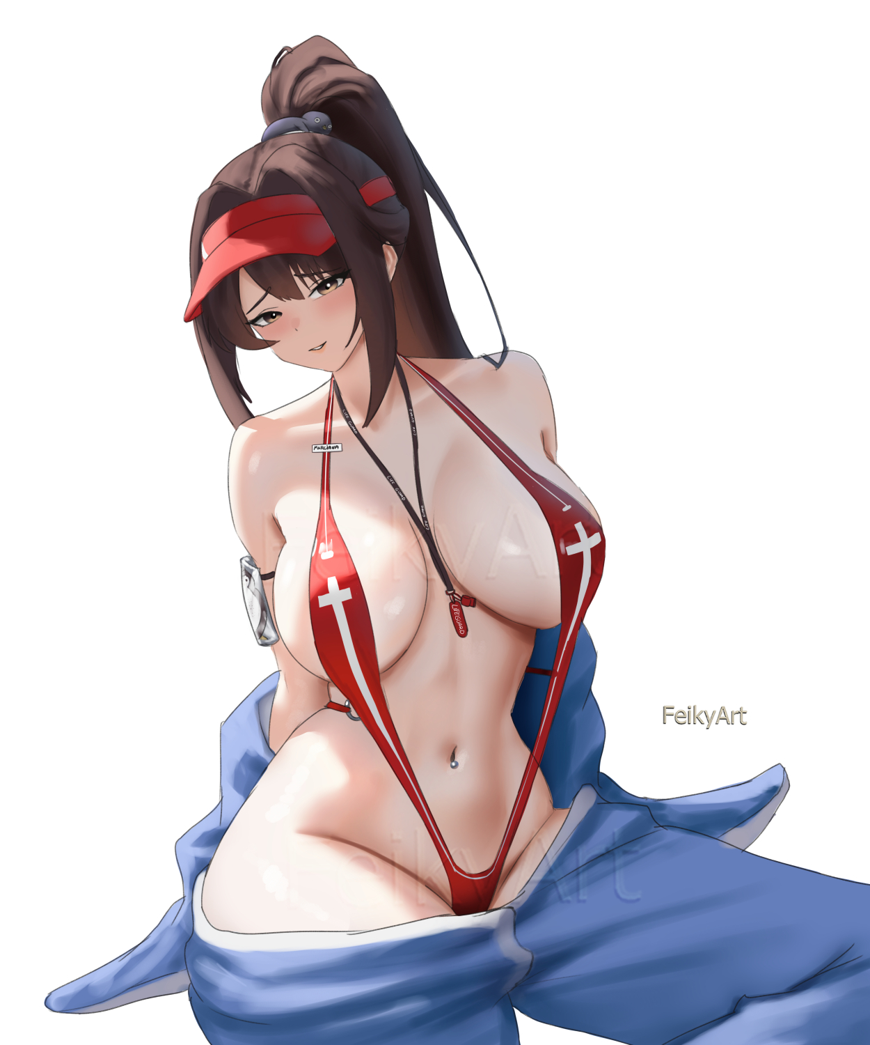 1girls, breasts, feikyart, female, female focus, female only, goddess of victory: nikke, large breasts, light skin, light-skinned female, marciana (marine study) (nikke), marciana (nikke), navel piercing, sling bikini, swimsuit, thick thighs, thighs, wide hips