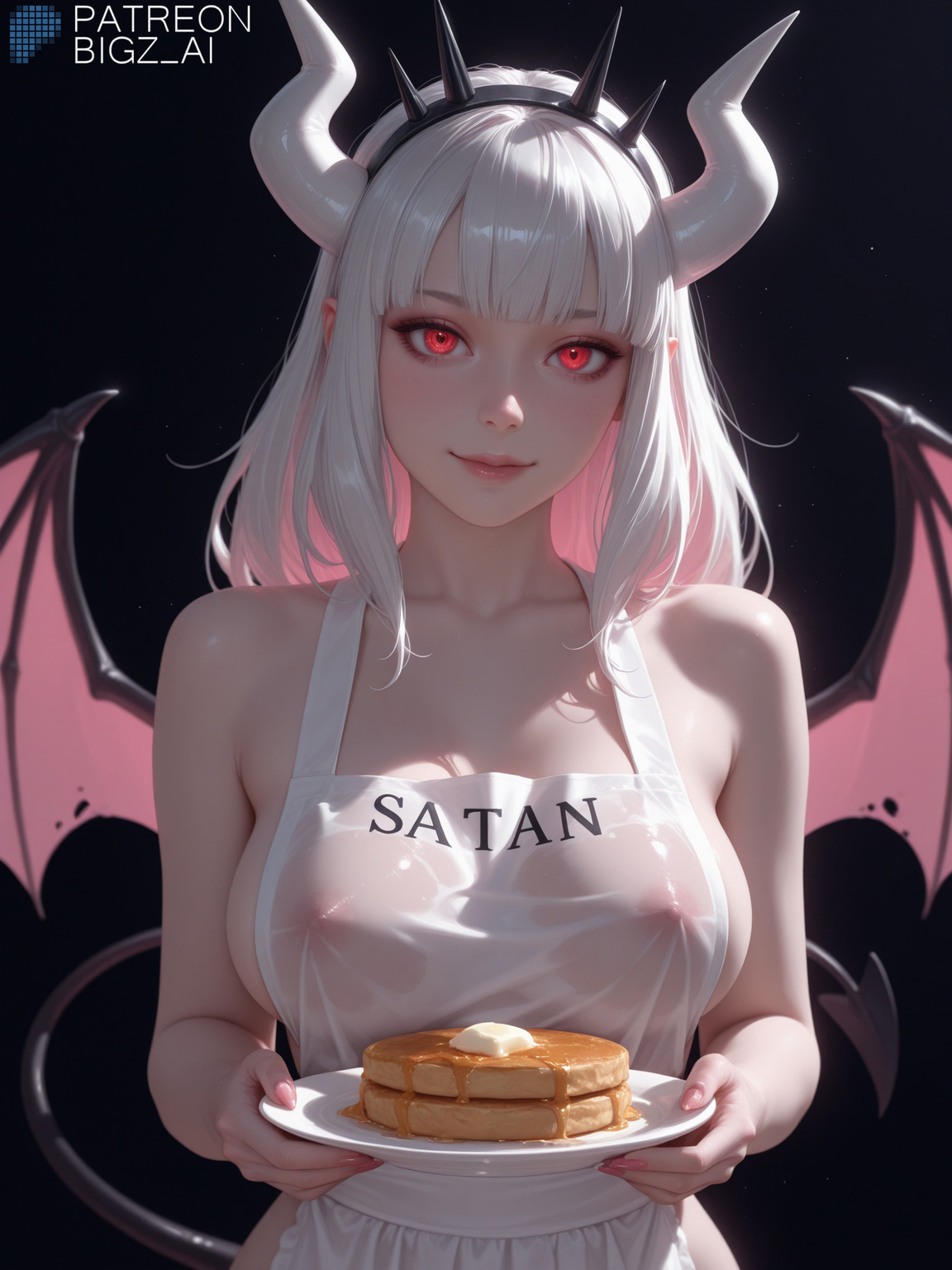 1girls, absurd res, absurdres, ai generated, alternate costume, apron, apron only, artist name, big breasts, bigz ai, breasts, clothed, demon, demon girl, devil, female, female focus, female only, glowing eyes, hell, helltaker, highres, horn, horns, huge breasts, large breasts, light skin, light-skinned female, looking at viewer, lucifer (helltaker), medium breasts, nipples, nipples visible through clothing, nude, pale skin, pale-skinned female, pancake, pink eyes, pose, succubus, succubus horns, succubus tail, succubus wings, tail, white hair, wings
