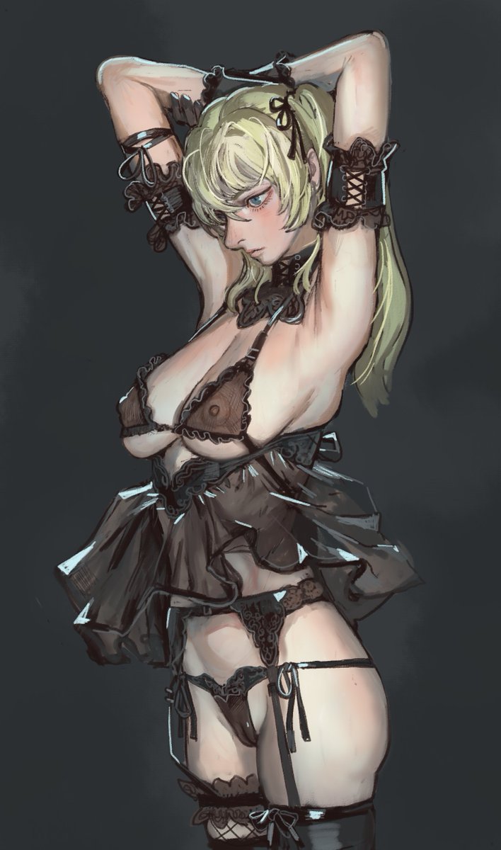 ani (twitter), blonde female, blonde hair, bra, female, grok (x), grok (xai), high waisted skirt, ineffective clothing, light blue eyes, mossa, pussy, shaved armpit, shaved pussy, stockings