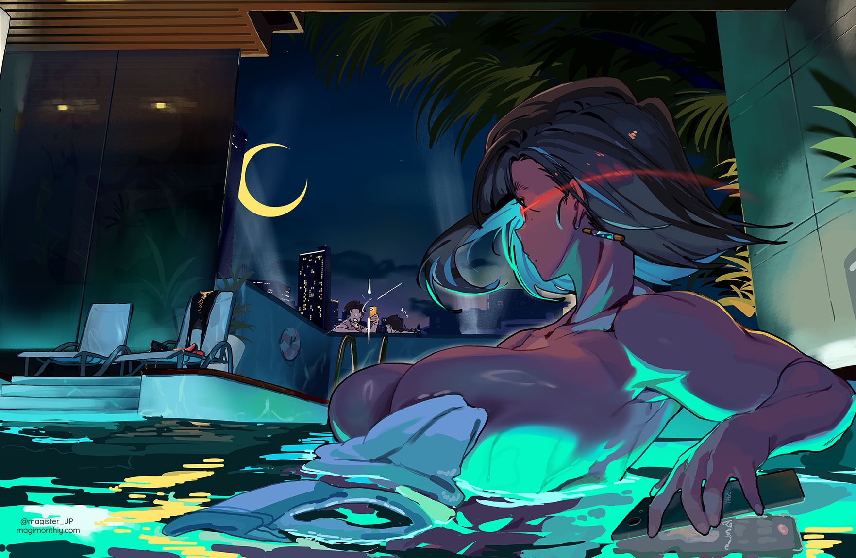 2boys, breasts, camera flash, cellphone, chair, cityscape, commentary, covering privates, crescent moon, dark skin, dark-skinned female, english commentary, fat breasts, female, floating hair, glowing, glowing eye, hair ornament, highres, holding, holding phone, huge breasts, looking at another, lounge chair, magister, magister (bigbakunyuu), male, medium hair, minami (magister), minami aoba, mole, mole under eye, mole under mouth, moon, multiple boys, multiple males, night, night sky, nude cover, original, partially submerged, peeping, peeping tom, pervert, phone, pool, pool ladder, reflection, reflective water, sky, smartphone, stairs, toned, toned female, twitter username, upper body, water