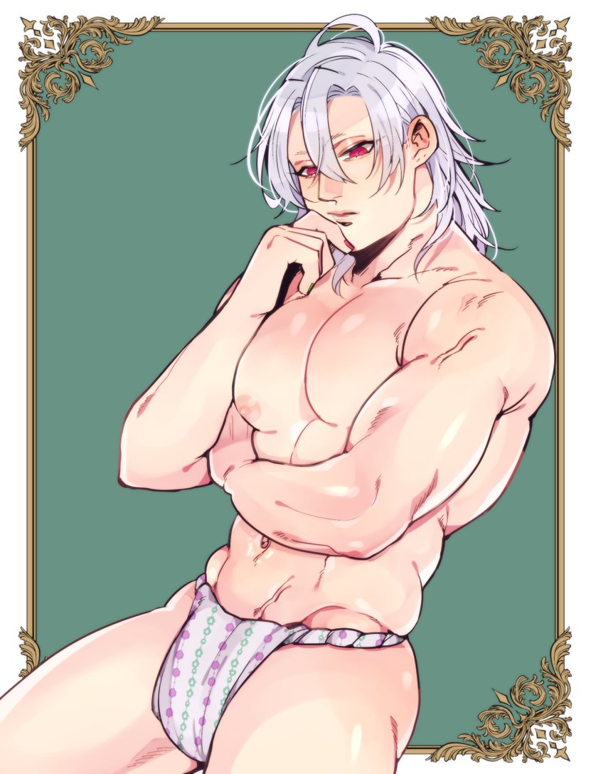 big pecs, cleavage, demon slayer, fundoshi, hair between eyes, hair down, kimetsu no yaiba, kyu 717, male, male only, muscles, muscular, muscular male, nail polish, pecs, red eyes, shiny skin, silver hair, solo, topless, topless male, uzui tengen, veiny muscles