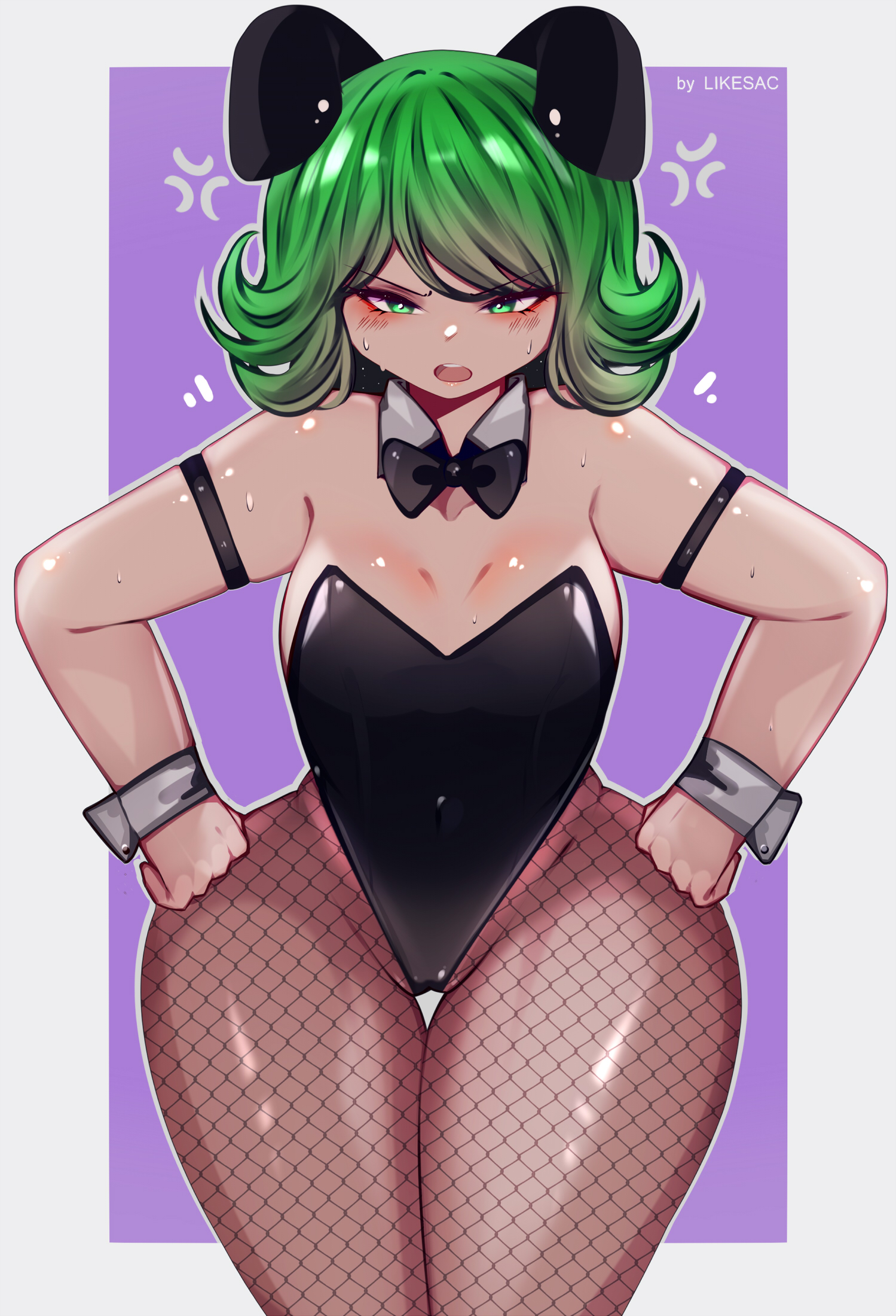 1girls, breasts, bunny ears, bunnysuit, female, female focus, female only, light skin, light-skinned female, likesac, looking at viewer, one-punch man, small breasts, solo, tatsumaki, thick thighs, thighs, wide hips