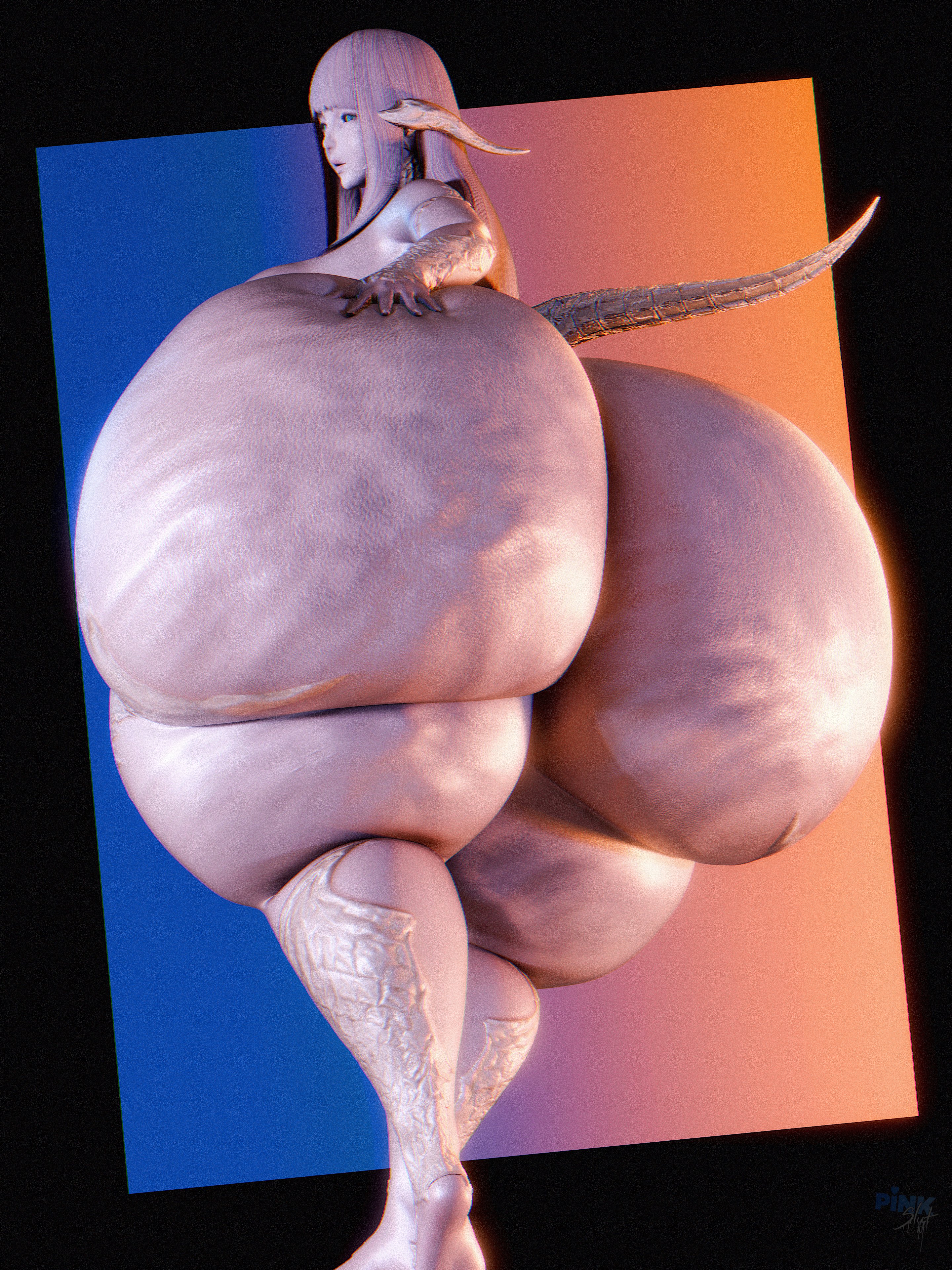 1girls, 3d, ass, ass focus, au ra, behind view, big ass, big butt, blue eyes, bottom heavy, curvaceous, fat ass, fat butt, female, final fantasy, final fantasy xiv, gigantic ass, grabbing ass, grabbing own ass, gradient background, huge ass, huge thighs, large ass, light skin, light-skinned female, long ears, long hair, looking back, massive ass, nude, nude female, original character, pale skin, pale-skinned female, pinksloot, raen, scales, solo, solo female, square enix, standing, tail, thick ass, thick thighs, white hair