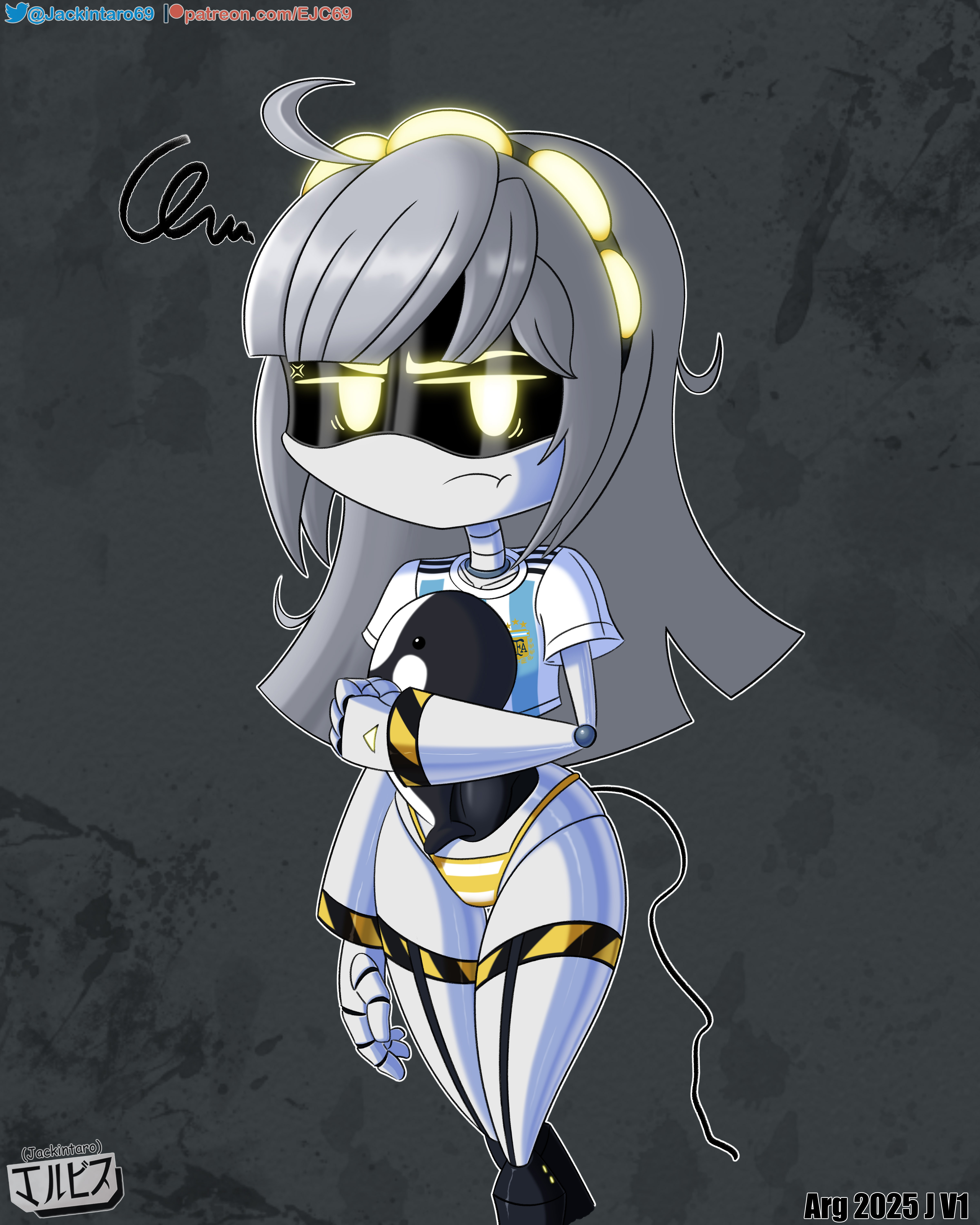 bikini, digital media (artwork), disassembly drone, fanart, female, female only, glitch productions, grey hair, j (murder drones), jackintaro, looking at viewer, murder drones, ribbon, robot, robot girl, simple background, soccer uniform, yellow eyes