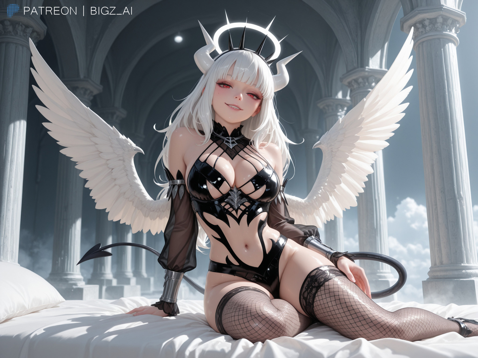 1girls, absurd res, absurdres, ai generated, alternate costume, angel, angel wings, armwear, artist name, bed, belly, big breasts, bigz ai, bra, breasts, clothed, clothing, cloud, demon, demon girl, devil, fallen angel, female, female focus, female only, fog, glowing eyes, halo, heaven, helltaker, highres, hips, horn, horns, huge breasts, large breasts, light skin, light-skinned female, long sleeves, looking at viewer, lucifer (helltaker), medium breasts, pale skin, pale-skinned female, panties, pillar, pink eyes, pose, sky, smile, smug, succubus, succubus horns, succubus wings, tail, temple, white hair, wide hips, wings