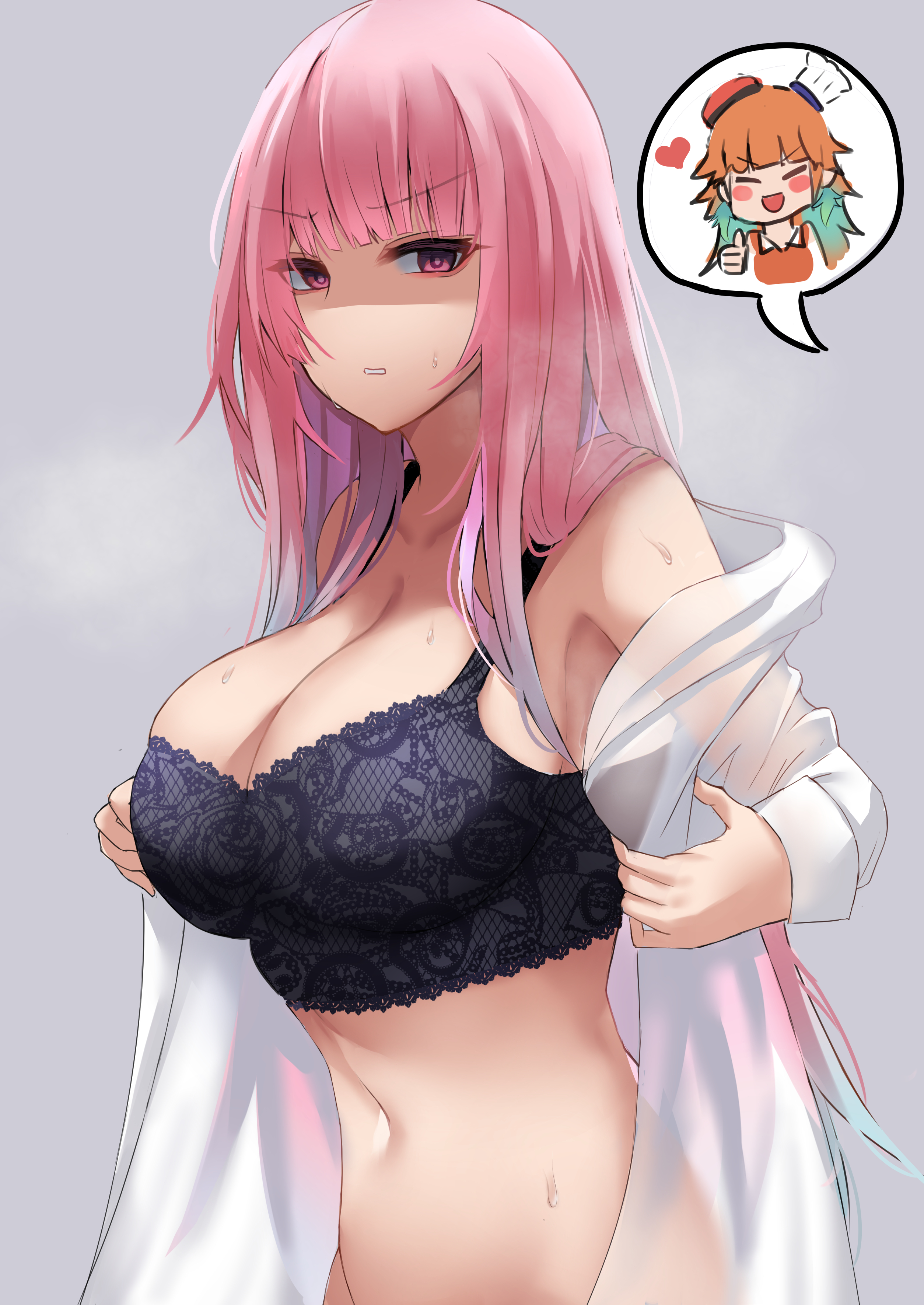 annoyed, bra, breasts, busty, female, hololive, hololive english, hololive myth, large breasts, ming@m2, mori calliope, pink eyes, pink hair, takamori (hololive), undressing, virtual youtuber