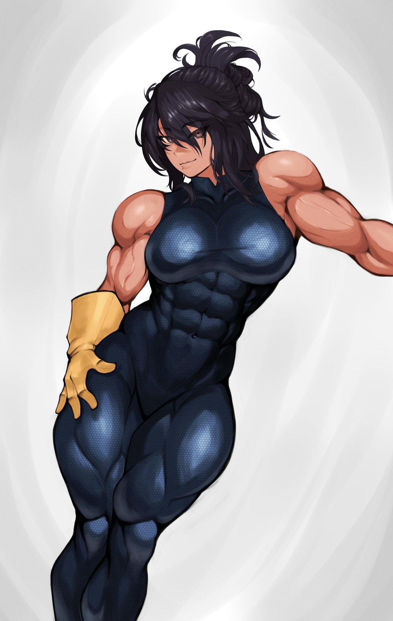 abs, absurdres, bodysuit, boku no hero academia, breasts, brown eyes, drugalek, female, female only, gloves, hair between eyes, highres, medium breasts, medium hair, milka01477, muscular, muscular female, my hero academia, nana shimura, shimura nana, veins
