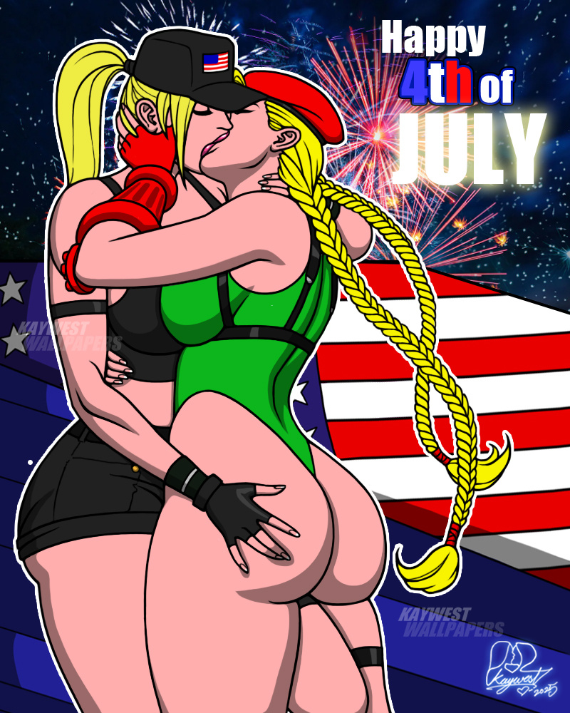 2girls, ass, ass grab, blonde hair, breasts, cammy white, capcom, crossover, death battle, eastern and western character, female, fingerless gloves, gloves, kaywest, kissing, large ass, leotard, light skin, light-skinned female, medium breasts, mortal kombat, multiple females, multiple girls, netherrealm studios, ponytail, shorts, sonya blade, street fighter, twin braids, yuri