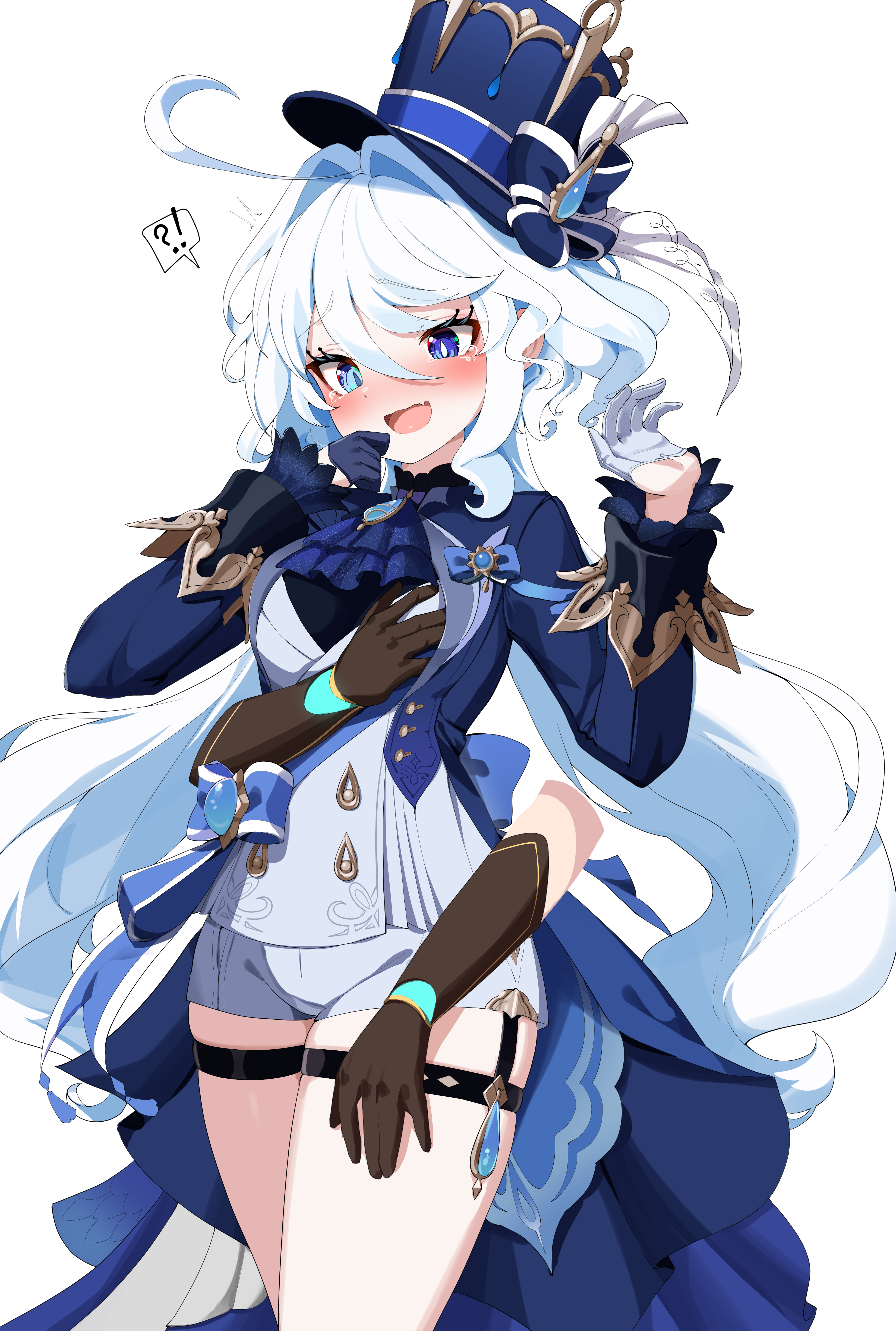 1boy, 1girls, aether (genshin impact), blush, breast grab, breasts, color, drawing, female, from behind, furina (genshin impact), genshin impact, gloves, grabbing, grabbing another's breast, grabbing from behind, groping, groping from behind, hat, holding, hoyoverse, long hair, male, mihoyo, pleasure face, tagme, touching breast