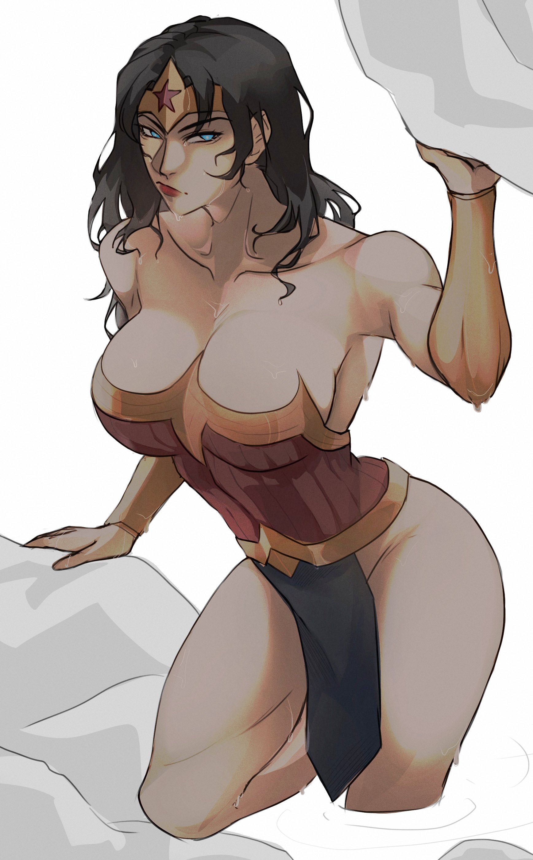1girls, 2025, 2d, 2d (artwork), amazon, big breasts, black hair, blue eyes, breasts, cleavage, clothed, clothed female, clothes, clothing, crossed legs, curvaceous, curvaceous body, curvaceous female, curvaceous figure, curvaceous hips, curvy, curvy body, curvy female, curvy figure, curvy hips, dc, dc comics, diana of themyscira, female, female focus, female only, hips, in pand, loincloth, long hair, sfw, solo, solo female, standing in water, superheroine, thick hips, thick thighs, thighs, tiara, transparent water, water, wet, wet body, wonder woman, wonder woman (series)