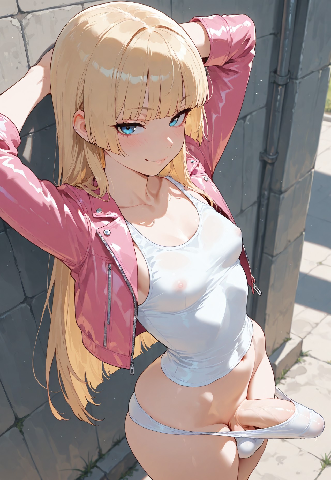 1futa, ai generated, balls, big penis, blonde futa, blonde hair, blonde only, blue eyes, breasts, dickgirl, erection, erection under clothes, female, from above, futa only, futanari, hands behind head, high-angle view, hime cut, hime girl (jamesbron), intersex, jamesbron, large penis, leather jacket, long hair, looking at viewer, navel, nipples, nipples visible through clothing, outdoors, penis, penis bulge, penis in panties, penis stretching out panties, pink jacket, realistic breast size, realistic penis size, small breasted futa, small breasts, smile, solo, solo futa, standing, tanktop, thighs